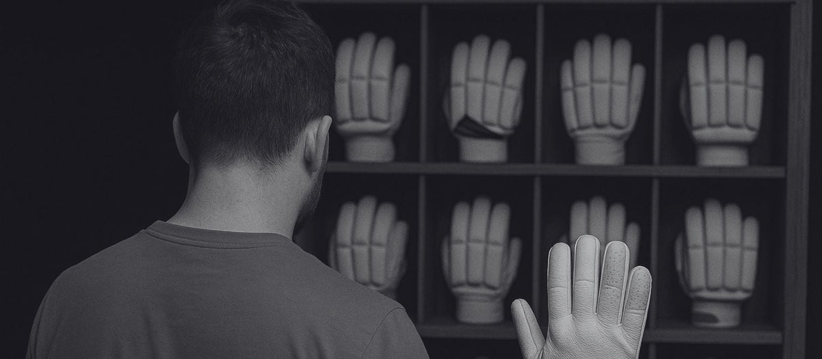 Cricketer comparing batting gloves on a wall of glove displays