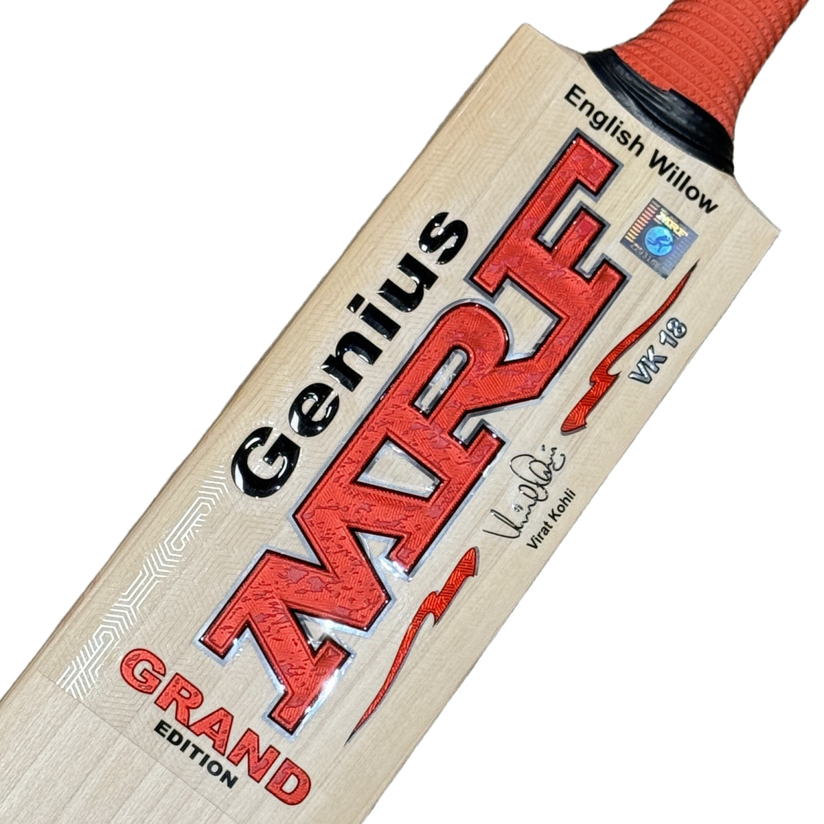 Close-up of MRF Genius Grand Edition stickers with Virat Kohli VK 18 signature