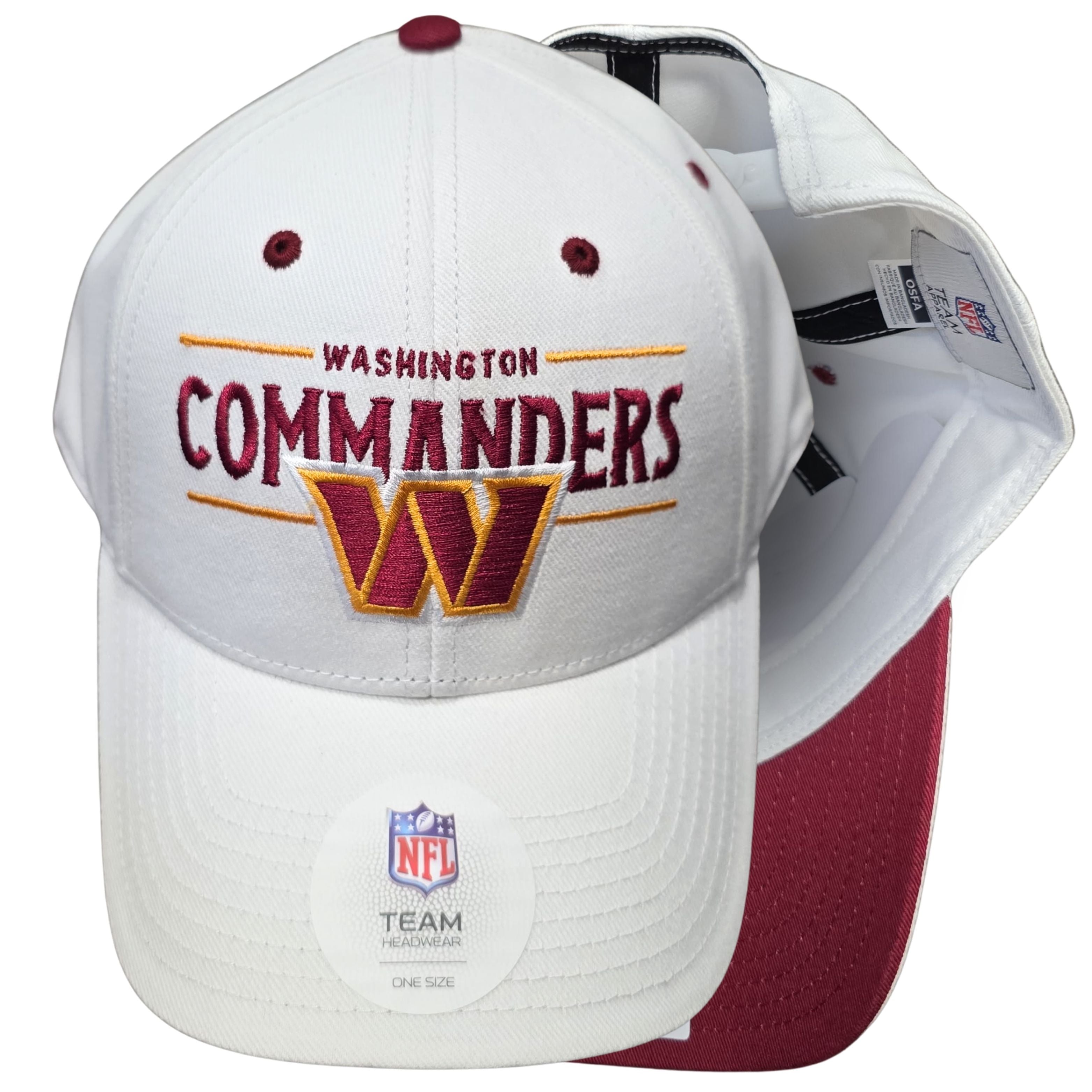 A white and maroon Washington Commanders NFL baseball cap with embroidered team branding on the front, shown with a second cap partially visible behind it on a white background.
