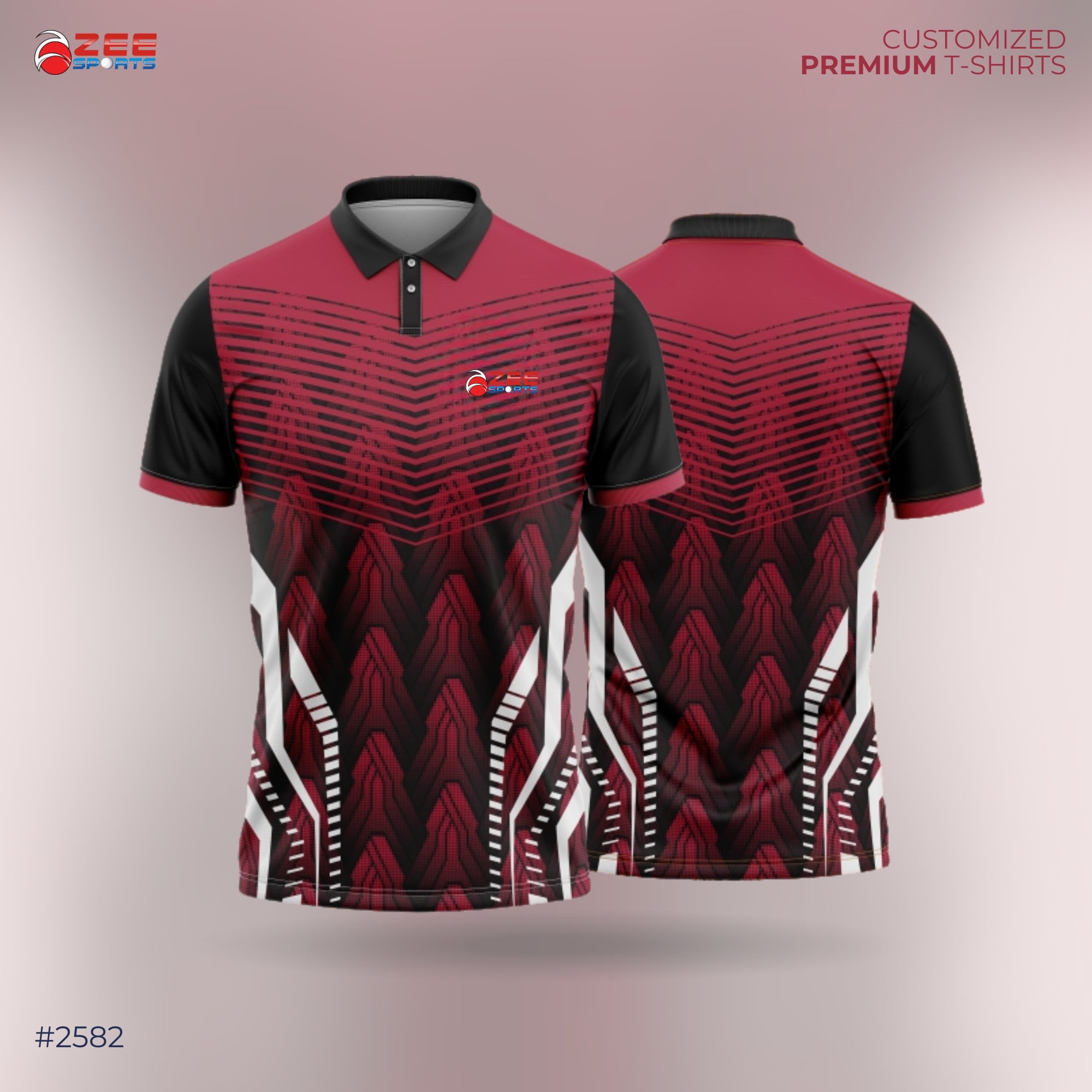 Red and black patterned polo shirt with a brand logo on a gradient background
