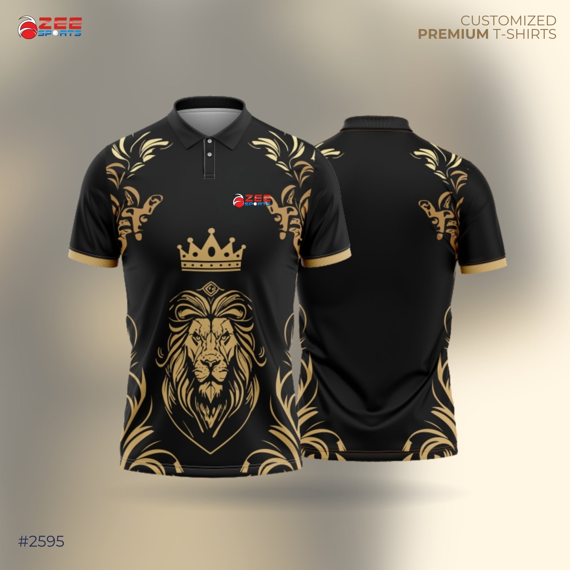 Black t-shirt with gold lion design and Zee Sports logo on a gradient background