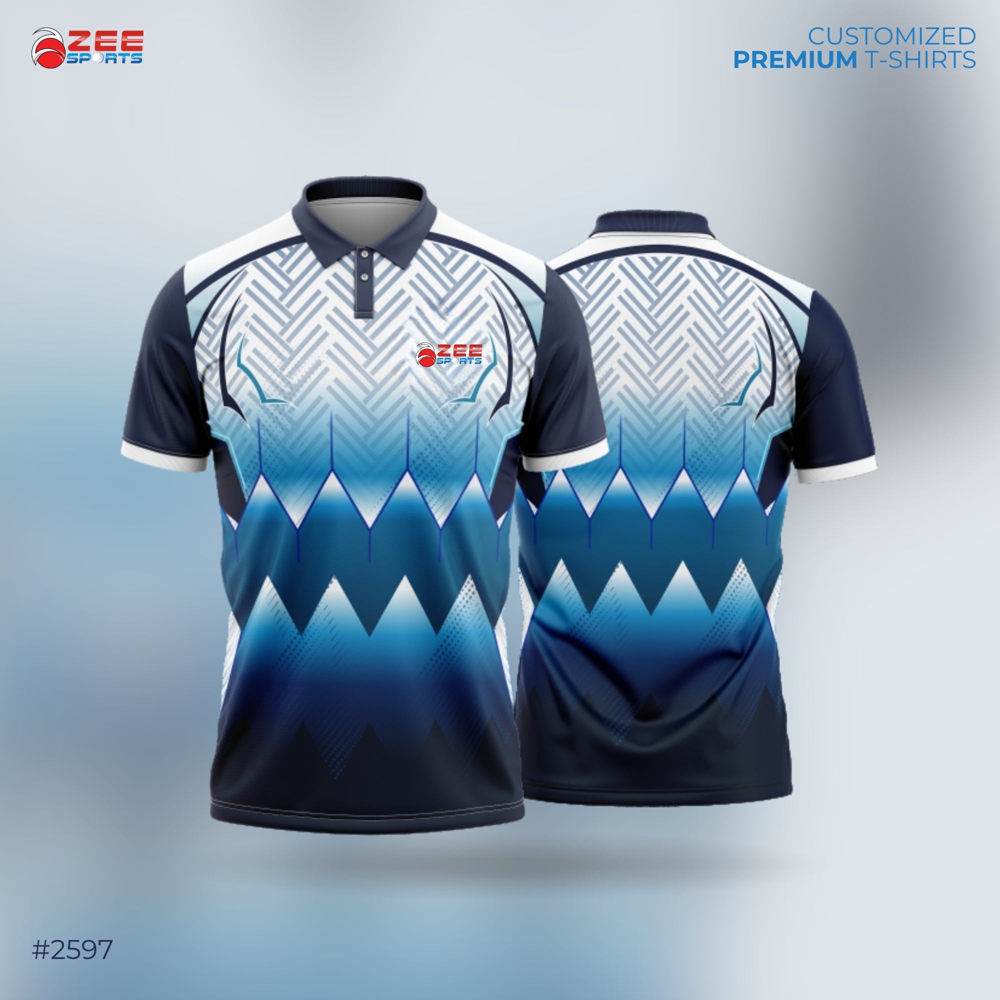 ZEE Sports customized premium t-shirt with blue and black design on a gradient background