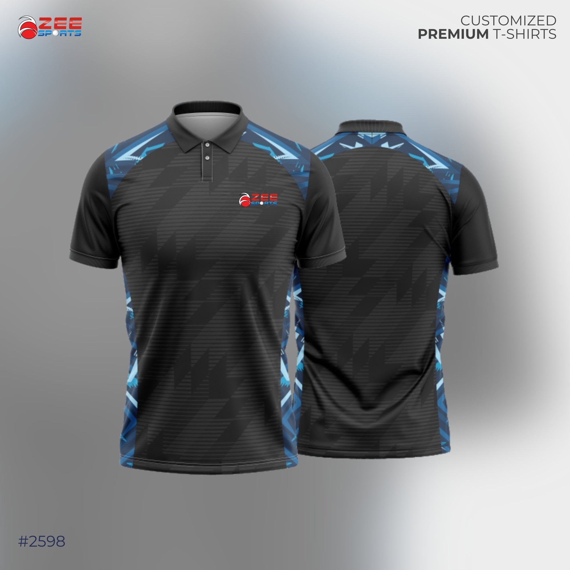 Black and blue sports jersey with Zee Sports logo on a gray background