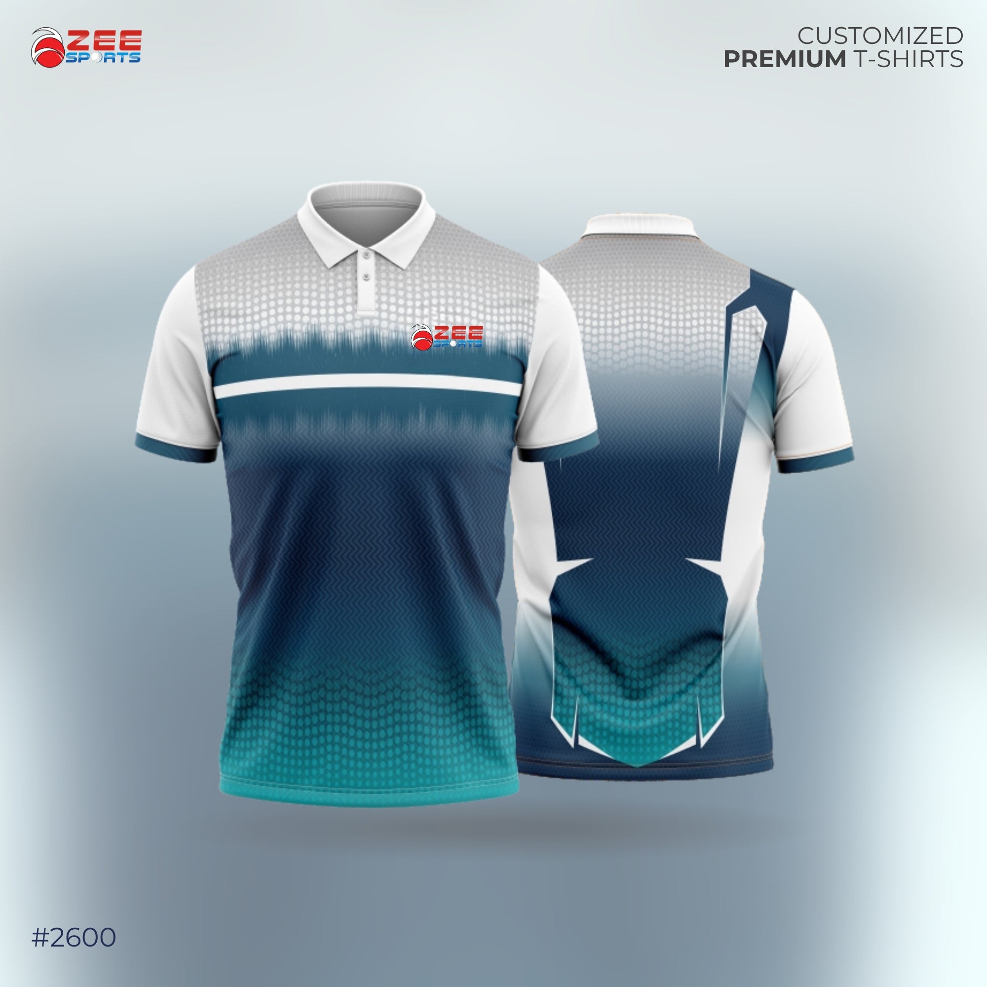 Blue and green and white polo shirt with Zee Sports logo on a gray background