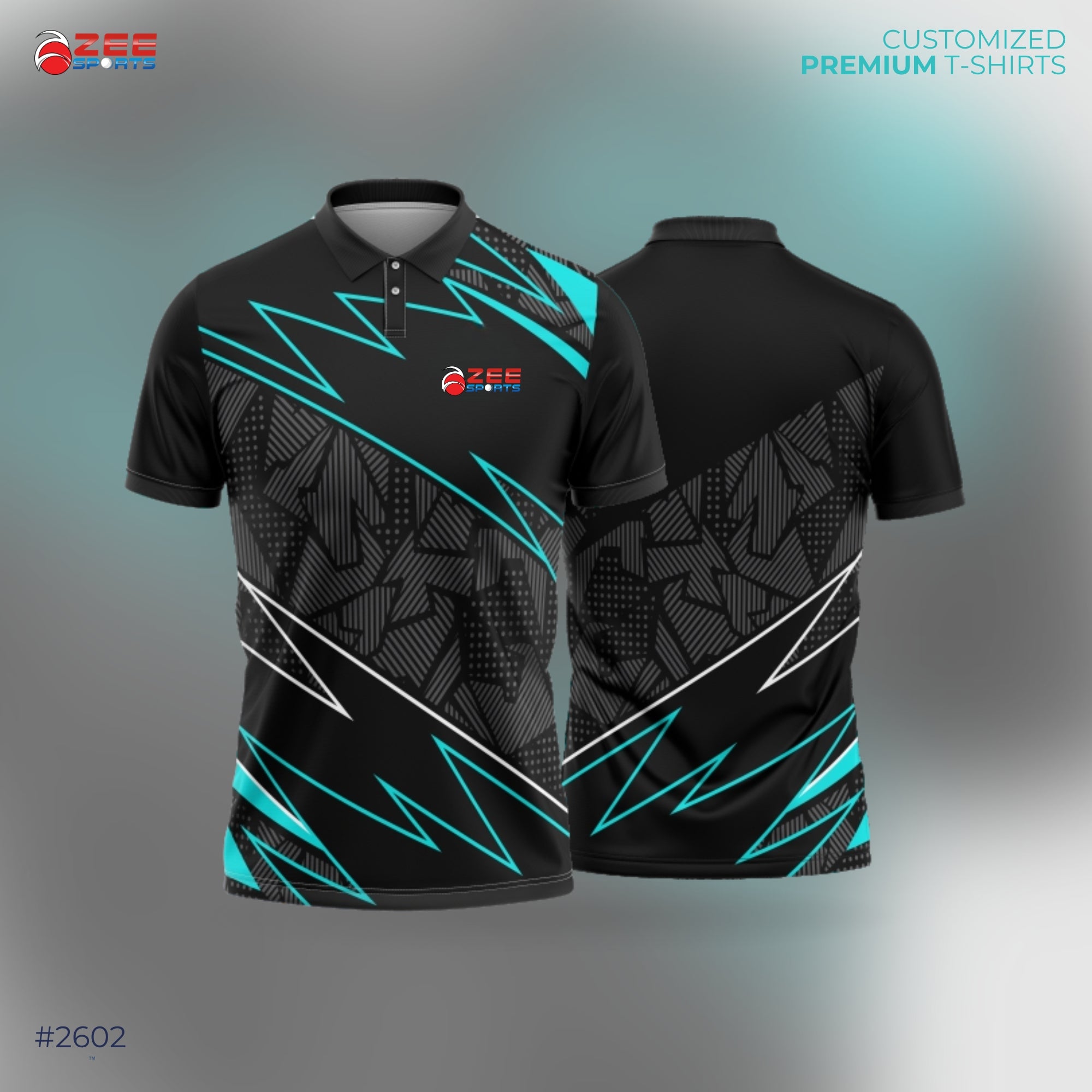 Black t-shirt with blue and white designs featured with zeesports logo on a gradient background