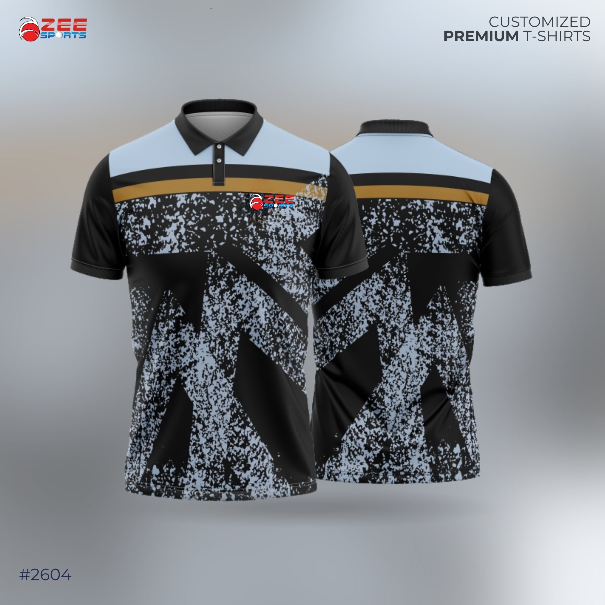 Black and sky blue patterned t-shirt with Zee Sports logo on a gray background