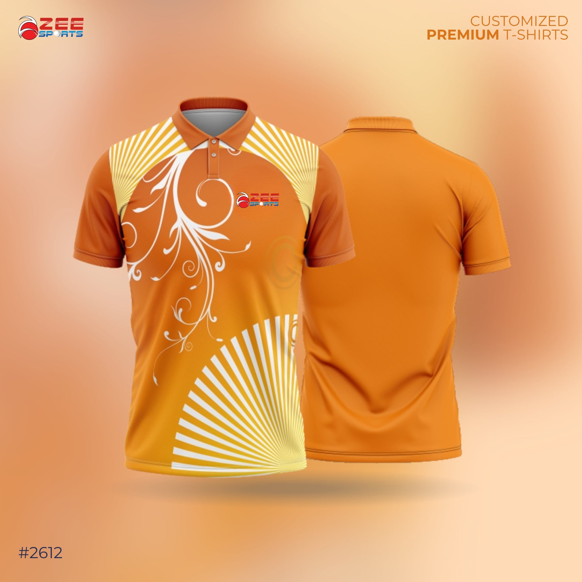 Orange t-shirt with white floral design featured with zeesports logo on a gradient background