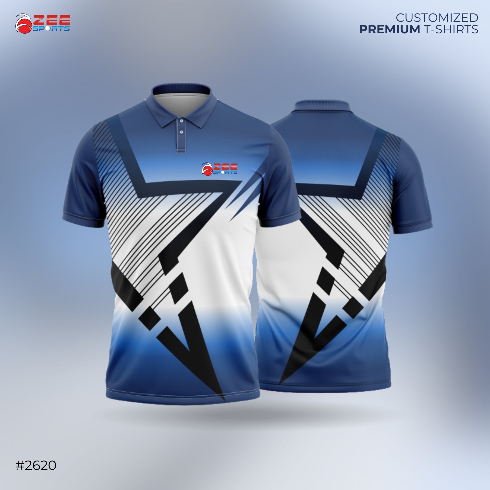 Blue and white sports jersey with zeesports logo with geometric design on a gradient background