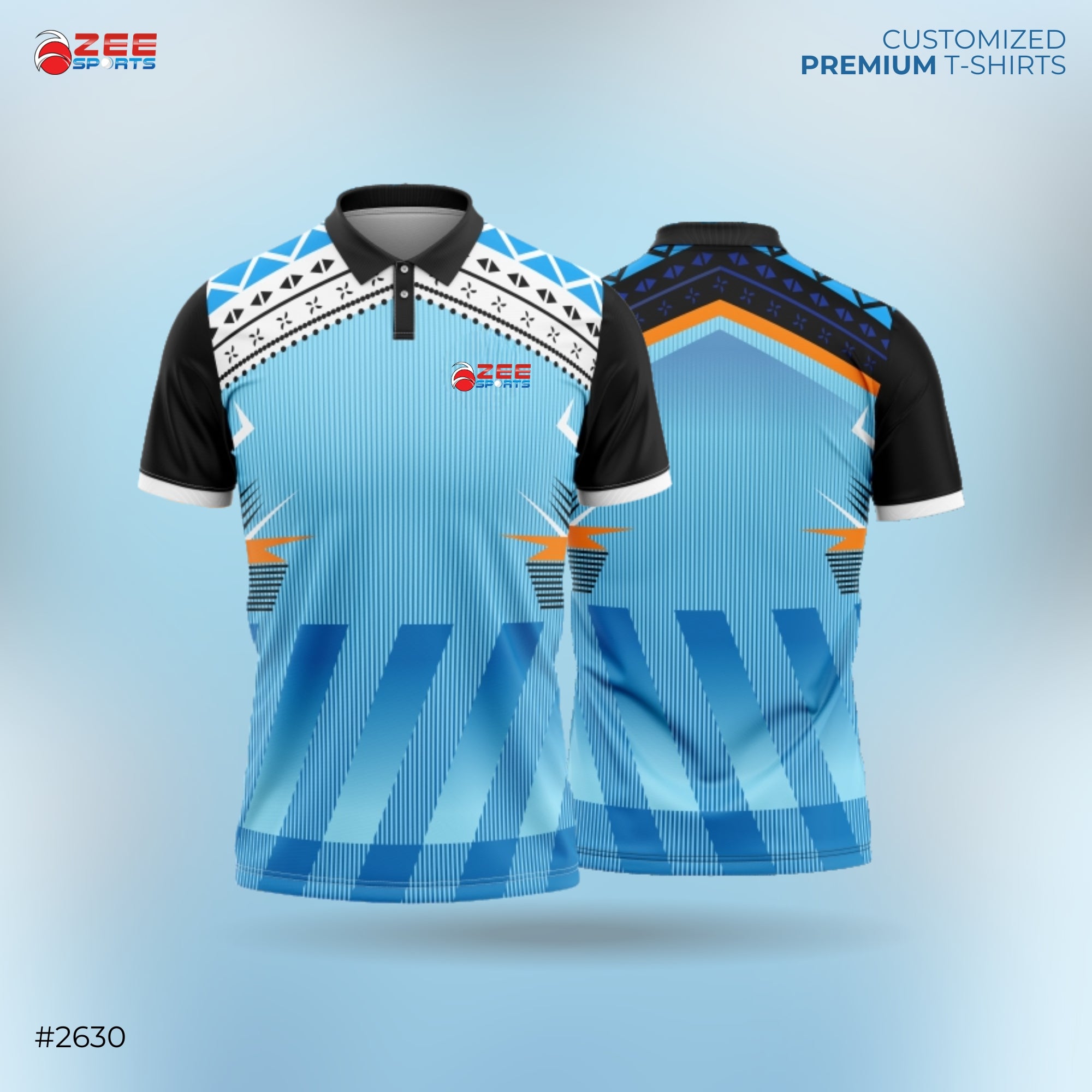 Blue and black sports jersey with geometric patterns on a light blue background, featuring the ZEE Sports logo.