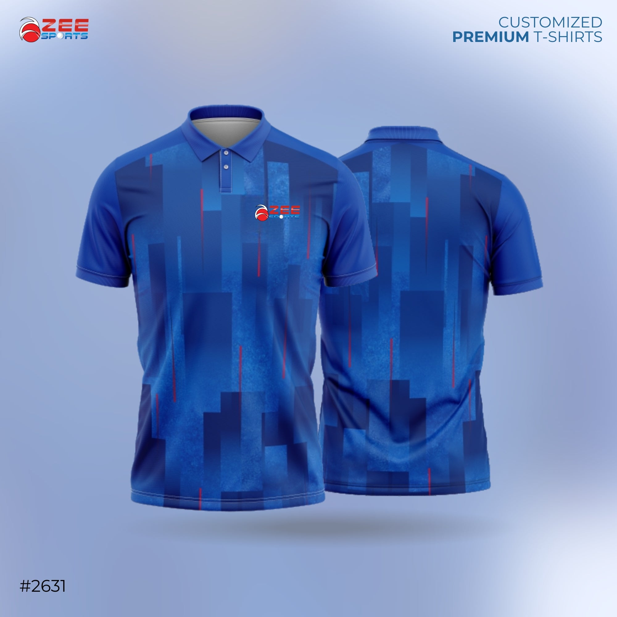 Blue polo shirt with geometric pattern and zeesports brand logo on a gradient blue background