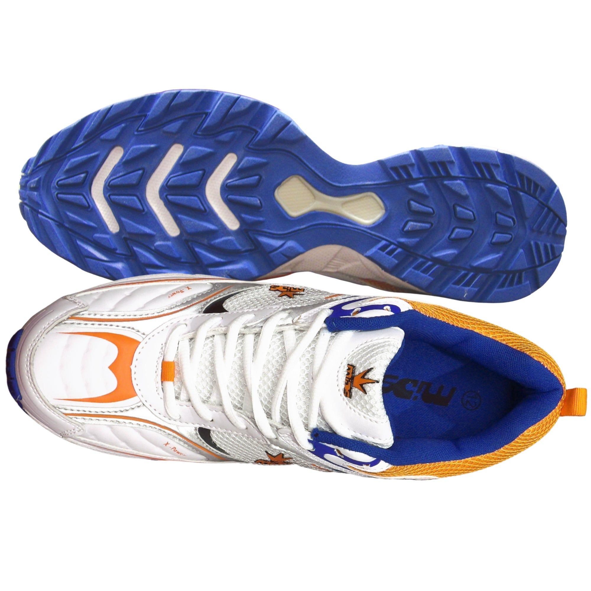 Mids Cricket Shoes, Model X Power - White/Orange/Royal Blue