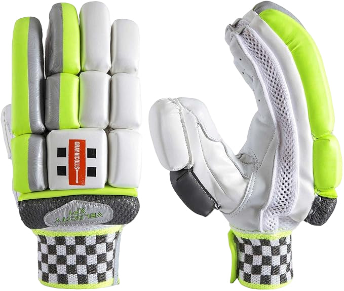 White and green cricket batting glove with brand logo on a white background