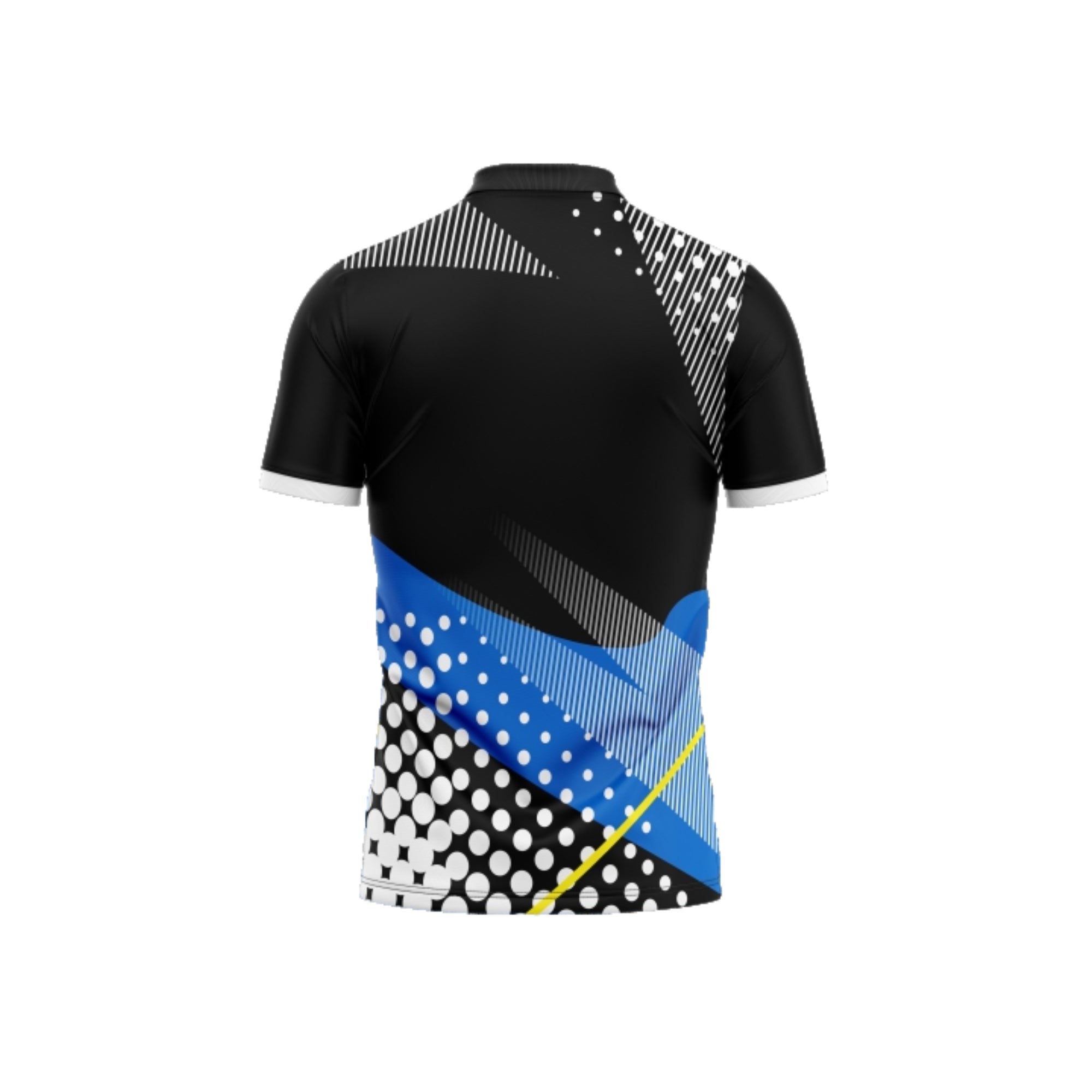 Black sports jersey with blue and white pattern on a white background