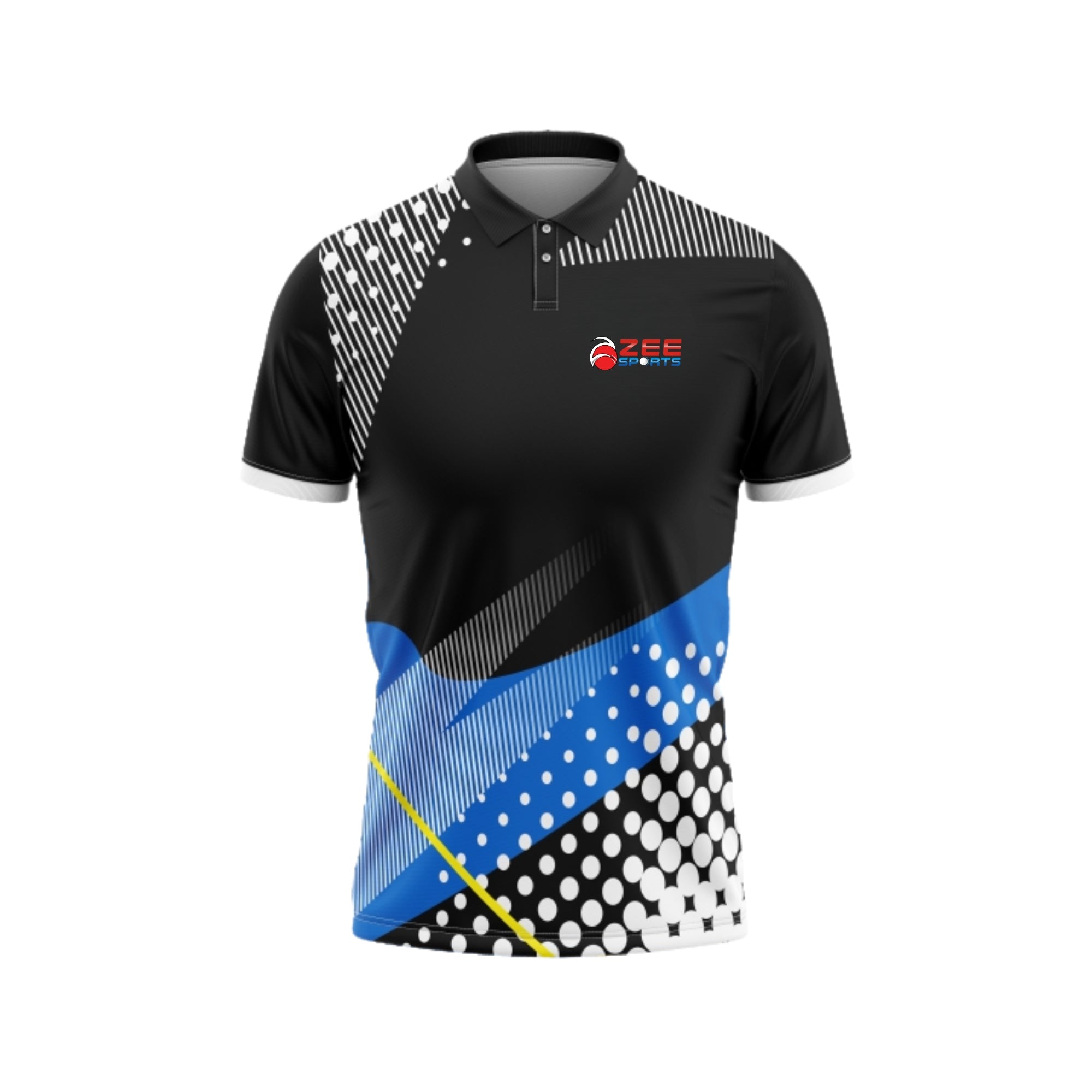 Black and blue sports jersey with geometric patterns on a white background