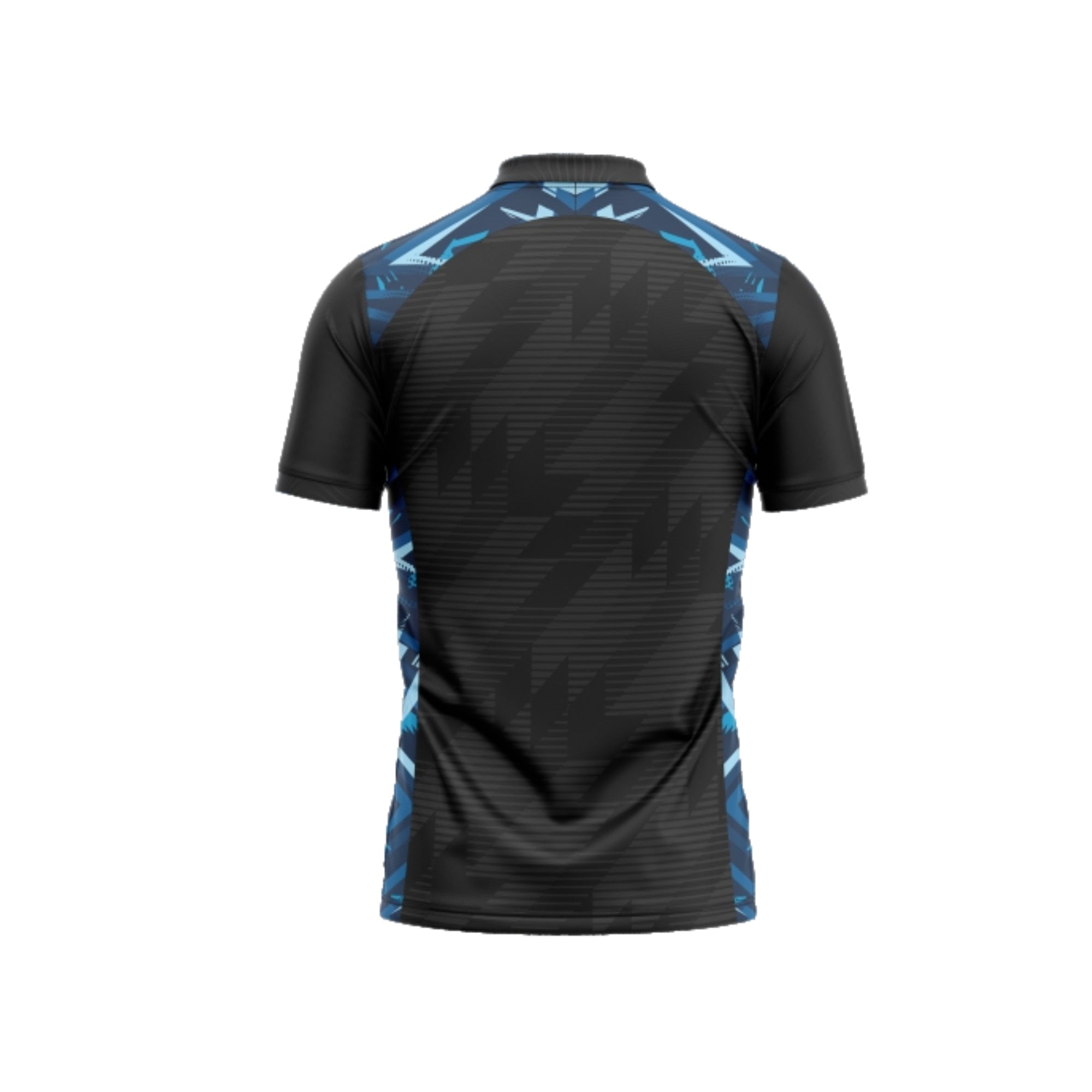 Black sports jersey with blue geometric patterns on a white background