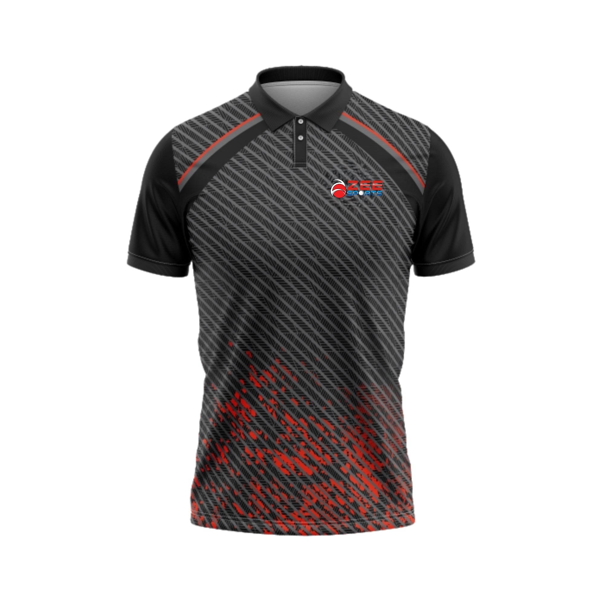 Black and red sports jersey with a logo on a white background