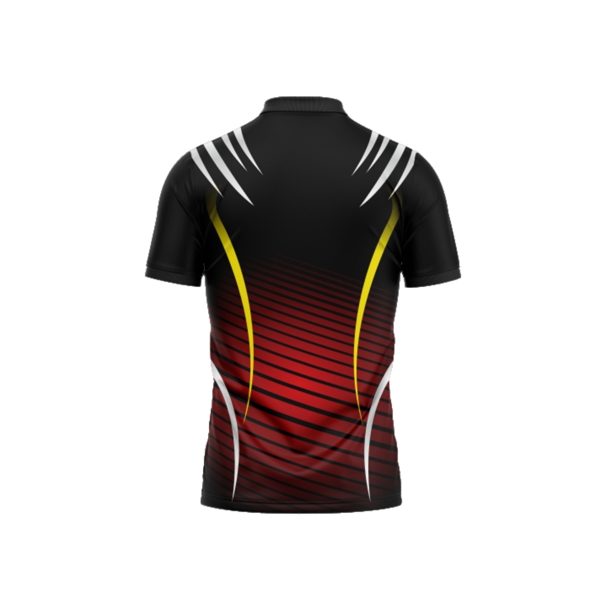 Black sports jersey with red and yellow design on a white background