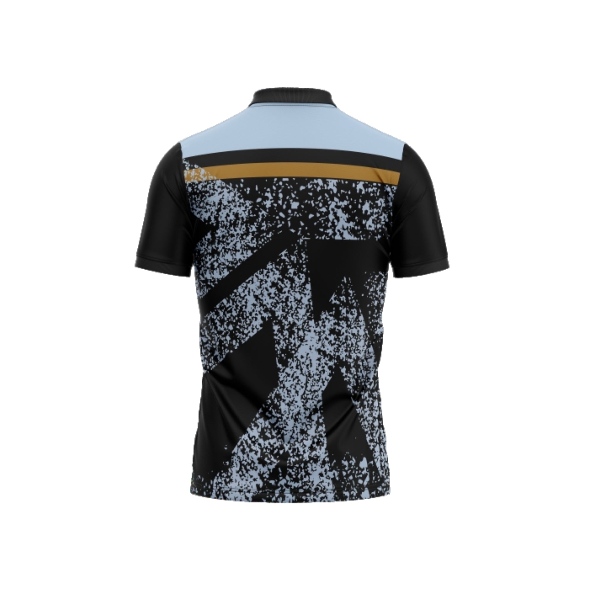 Black and white patterned shirt with blue and gold accents on a white background