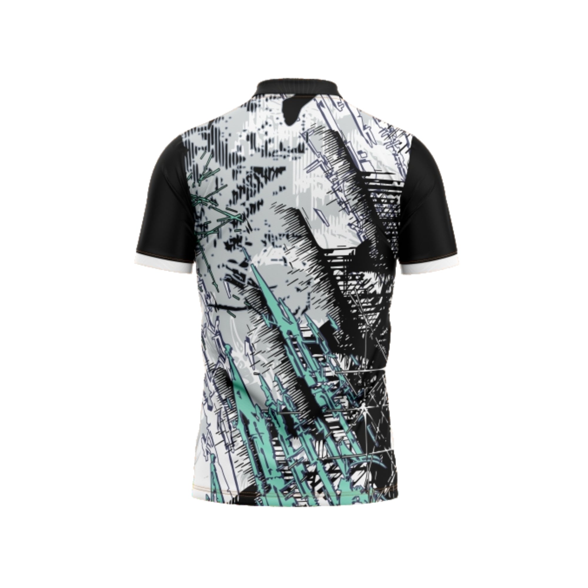 Black and white patterned shirt with teal accents on a white background