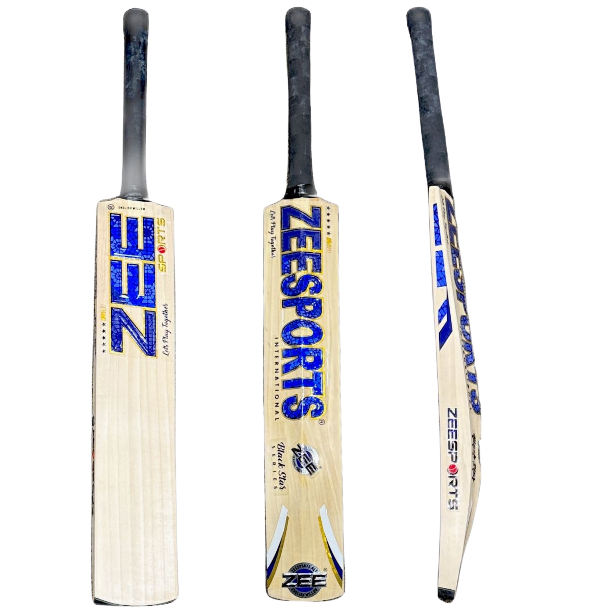 Three cricket bats from Zee Sports on a white background