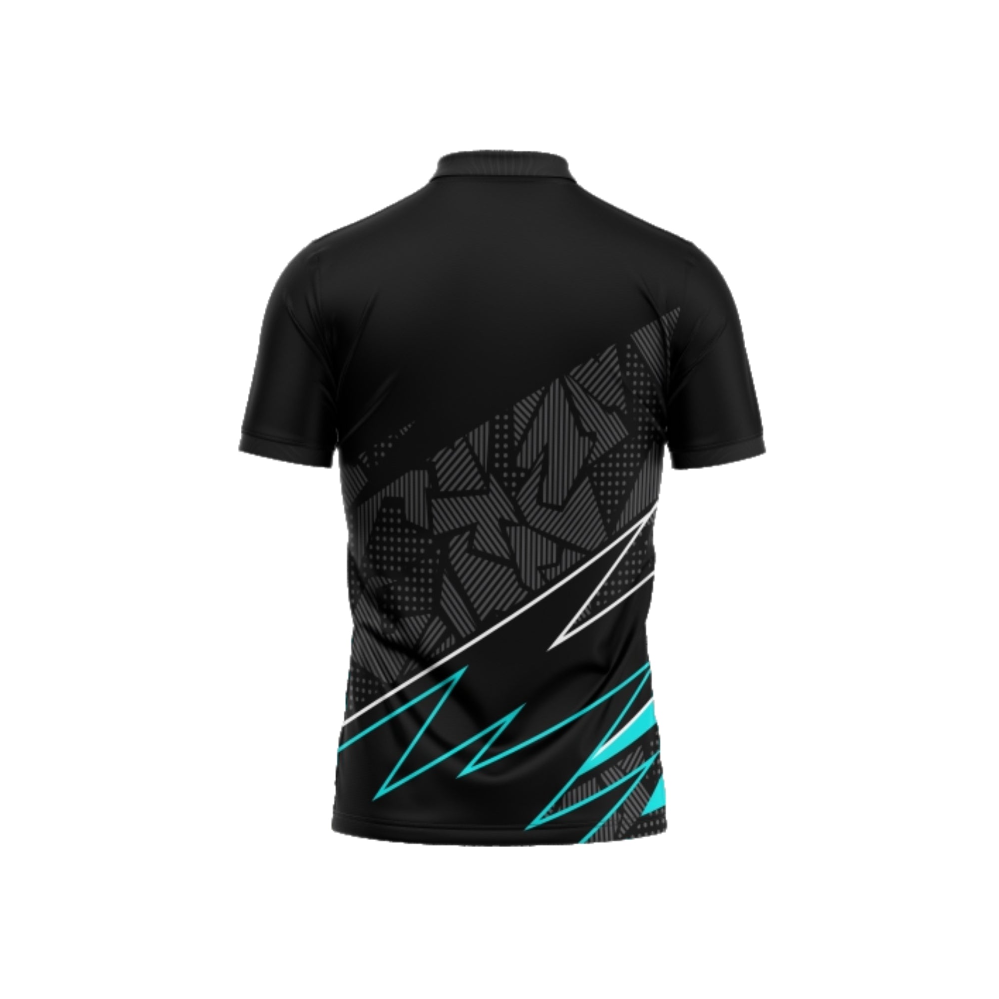 Black sports jersey with geometric patterns on a white background