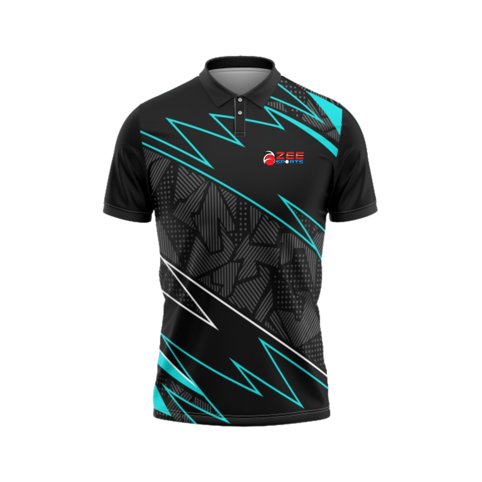 Black sports jersey with blue and white designs on a white background