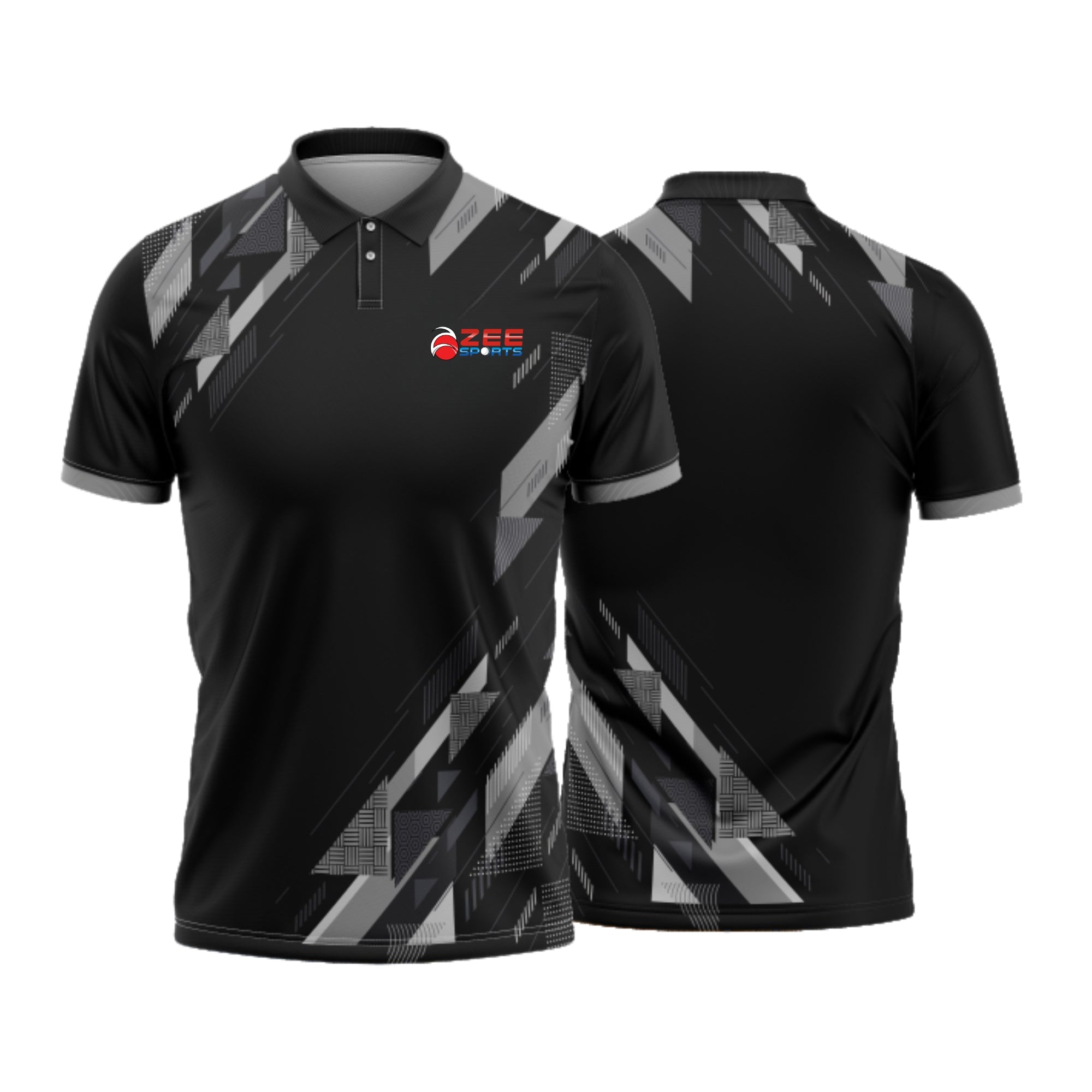 Black and gray polo shirt with geometric pattern on a white background