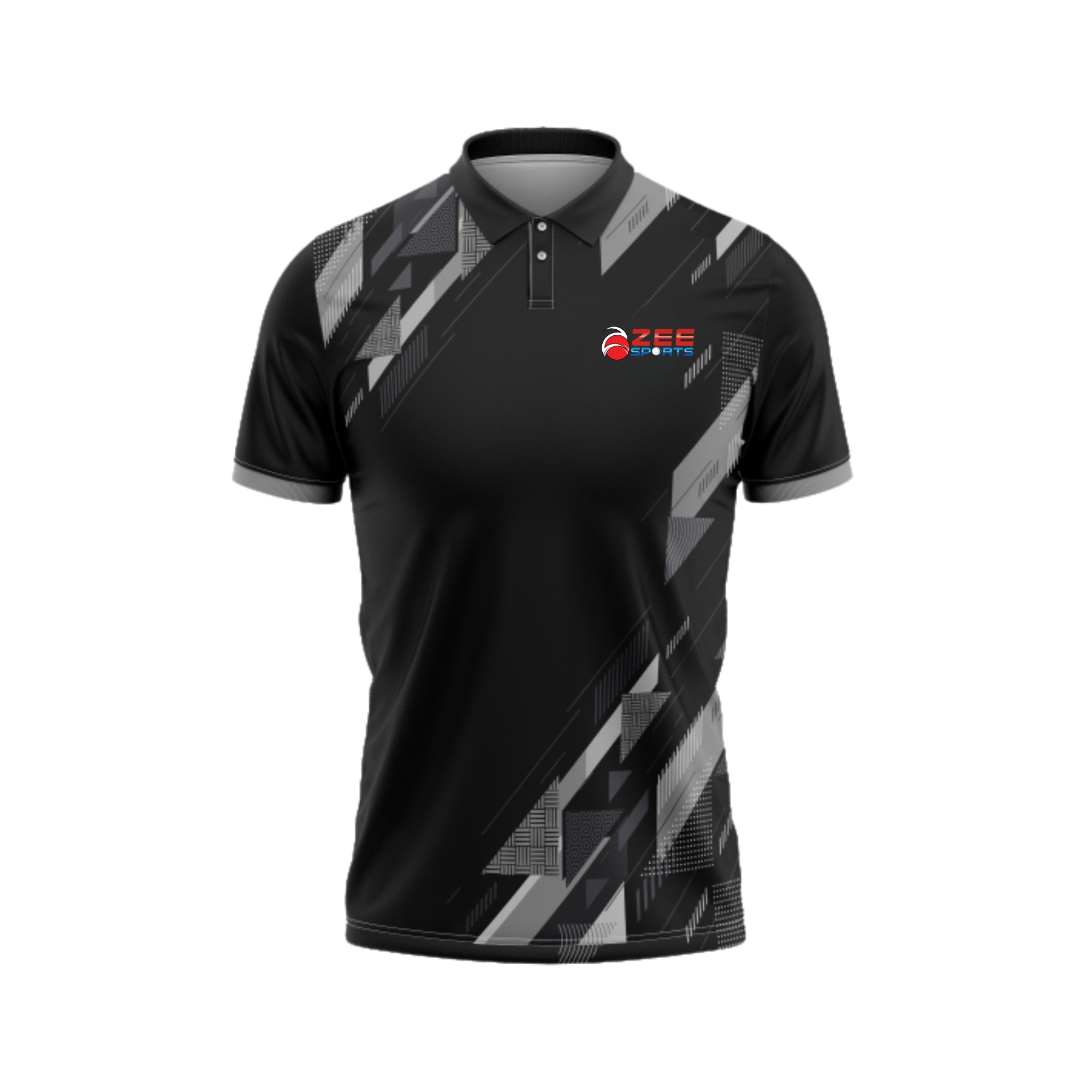 Black polo shirt with geometric patterns and a zeesports logo on a white background