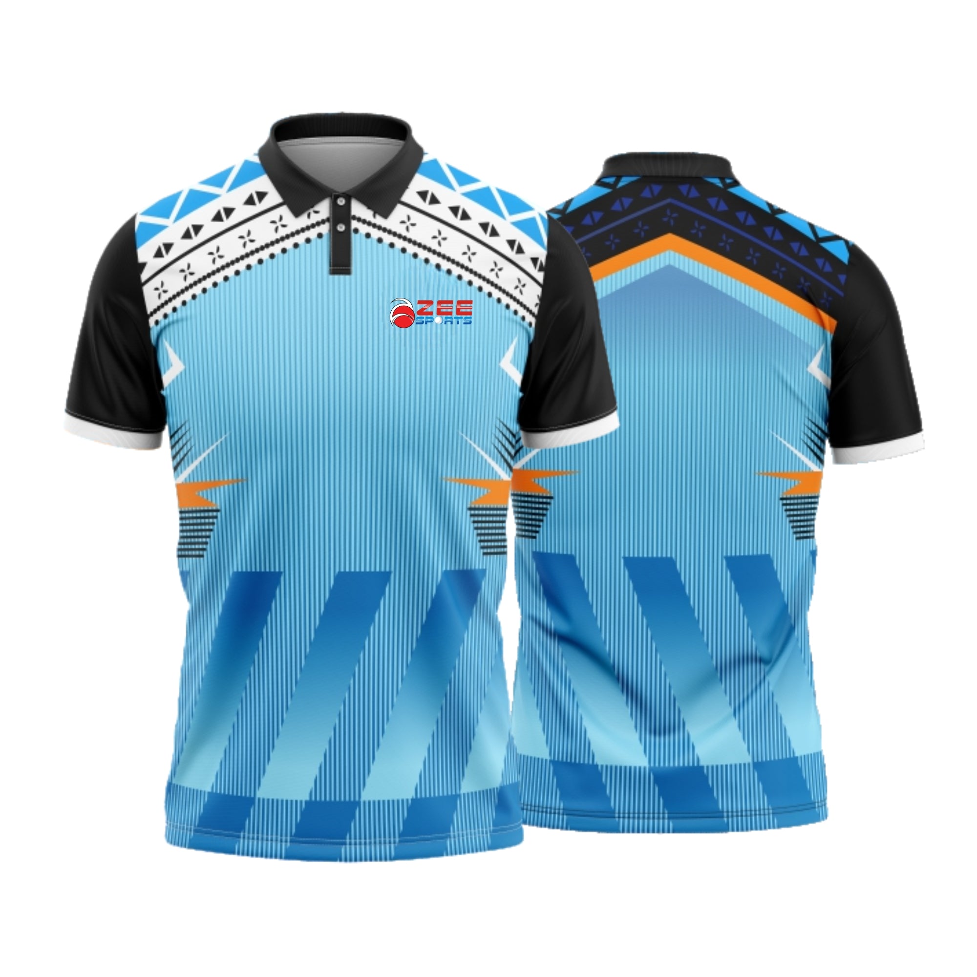Blue and black sports jersey with geometric patterns on a white background