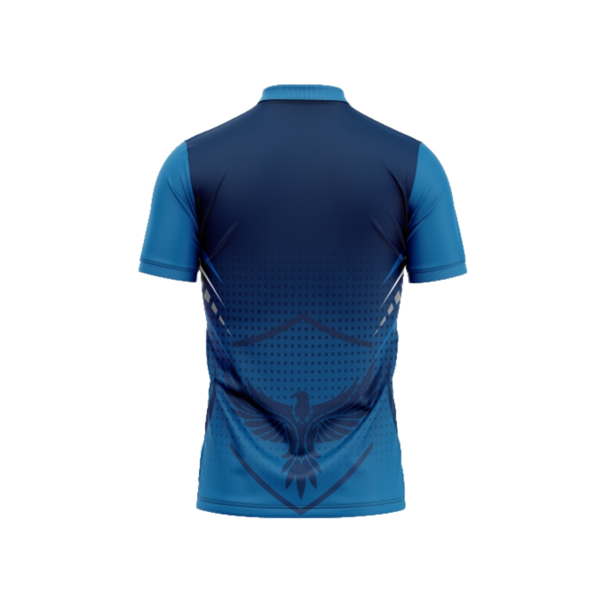 Blue sports jersey with a design on the back against a white background