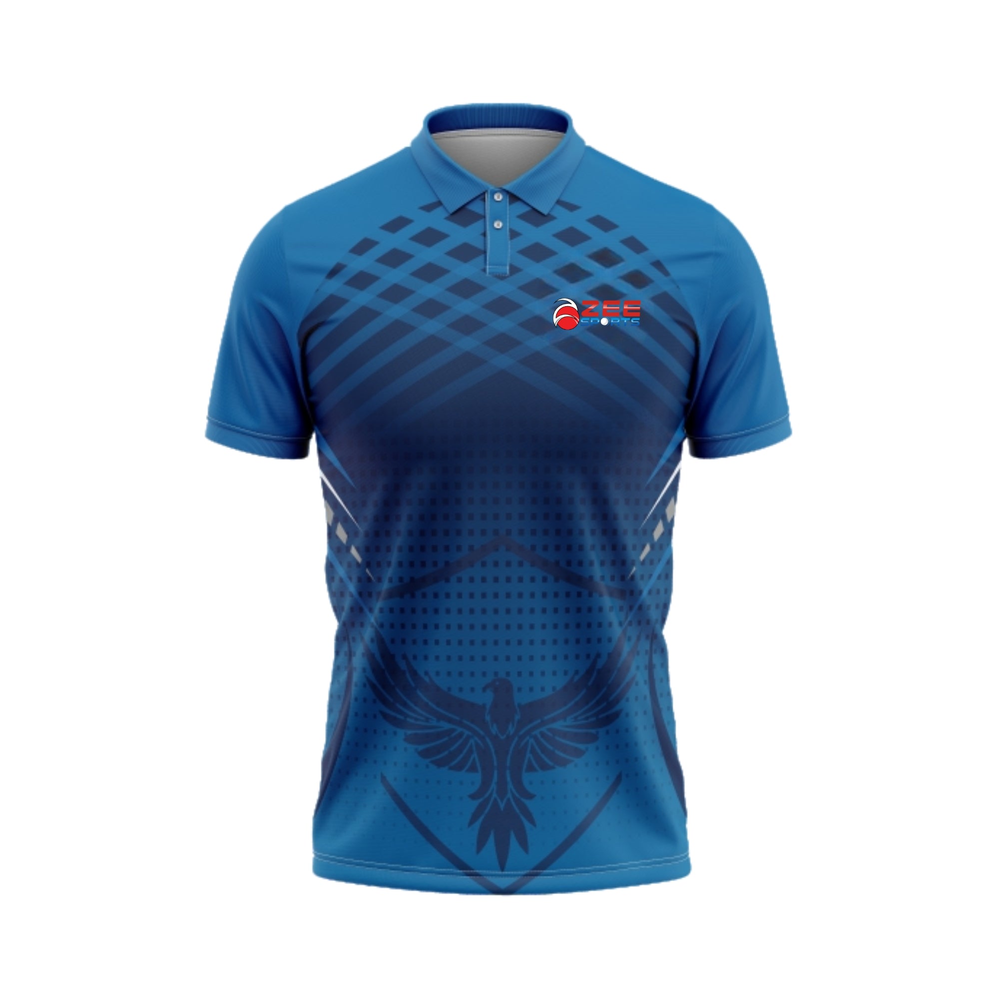 Blue sports jersey with a logo on a white background