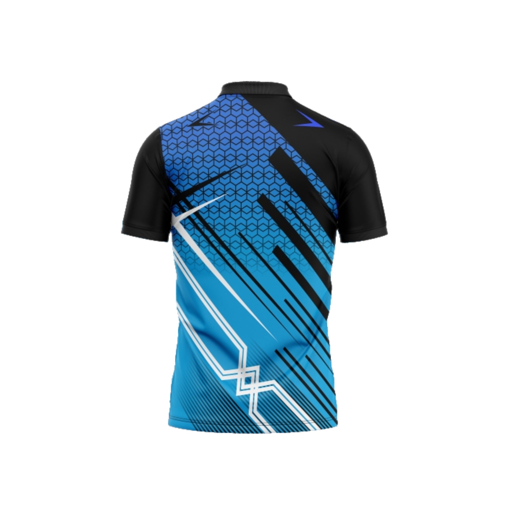 Black and blue sports jersey with geometric pattern on a white background