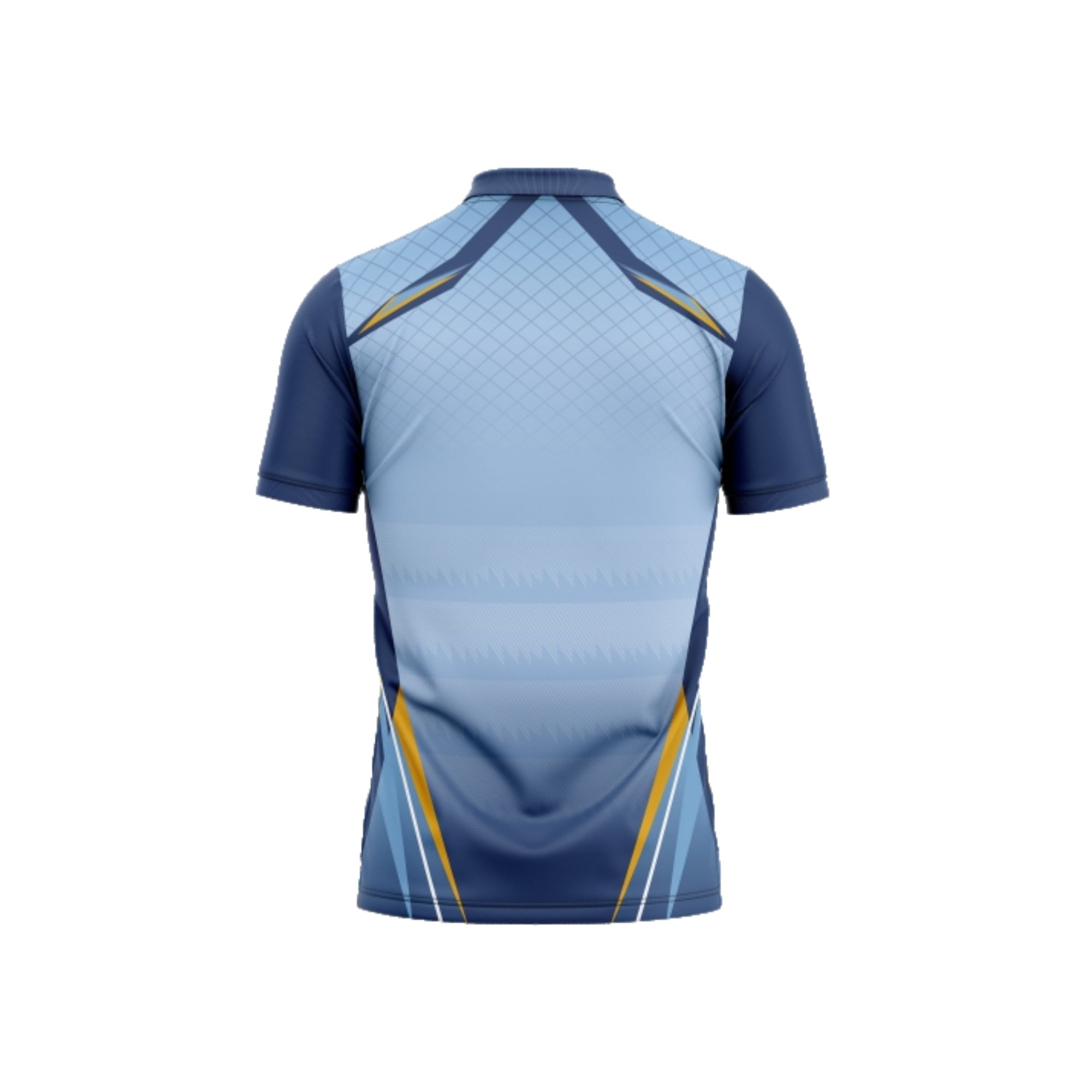 Blue and gray sports jersey with yellow accents on a white background