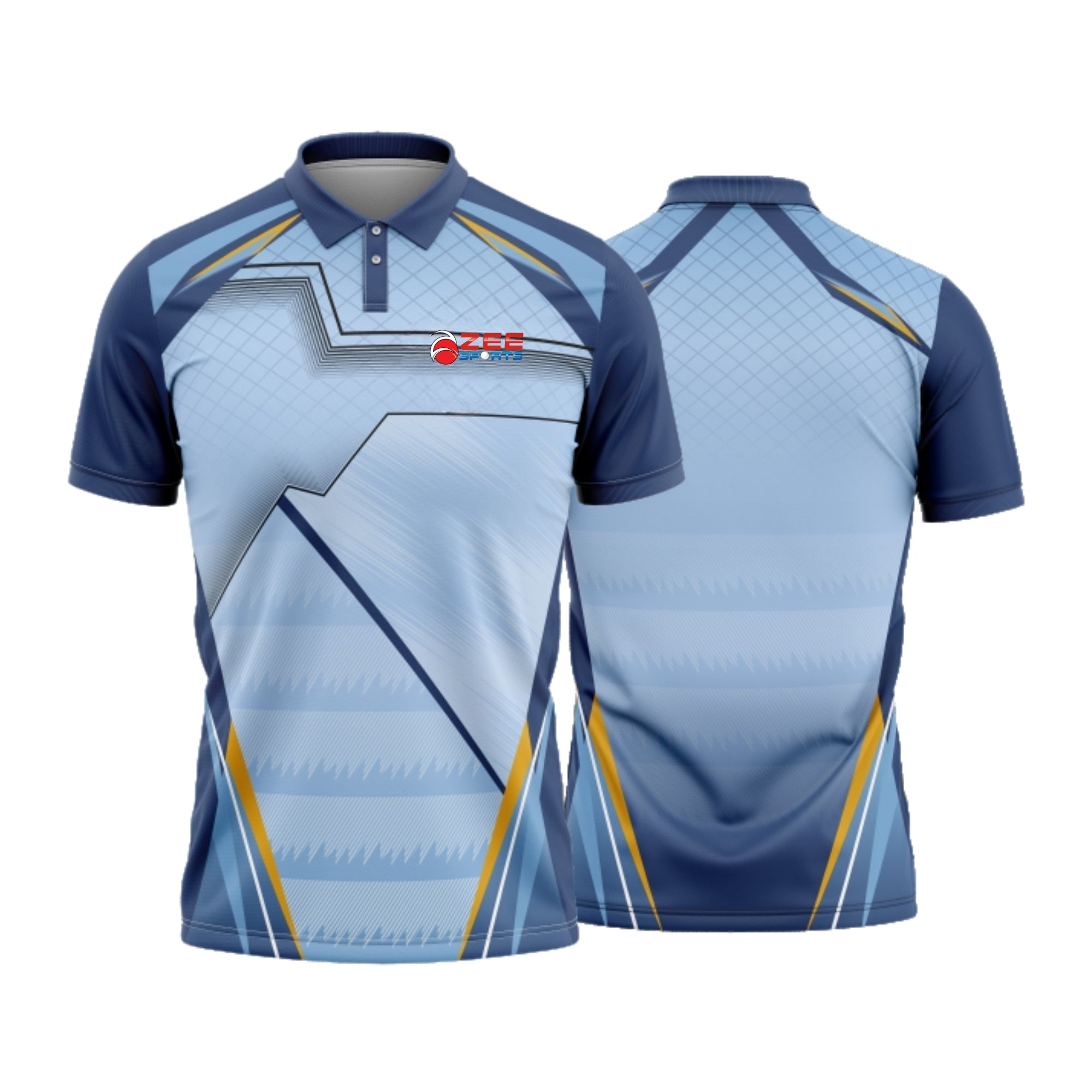 Blue and gray sports jersey with geometric patterns on a white background