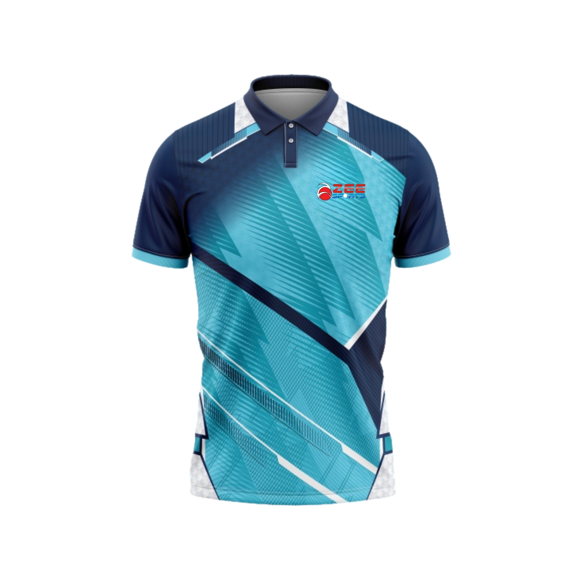 Blue and navy sports jersey with a logo on a white background