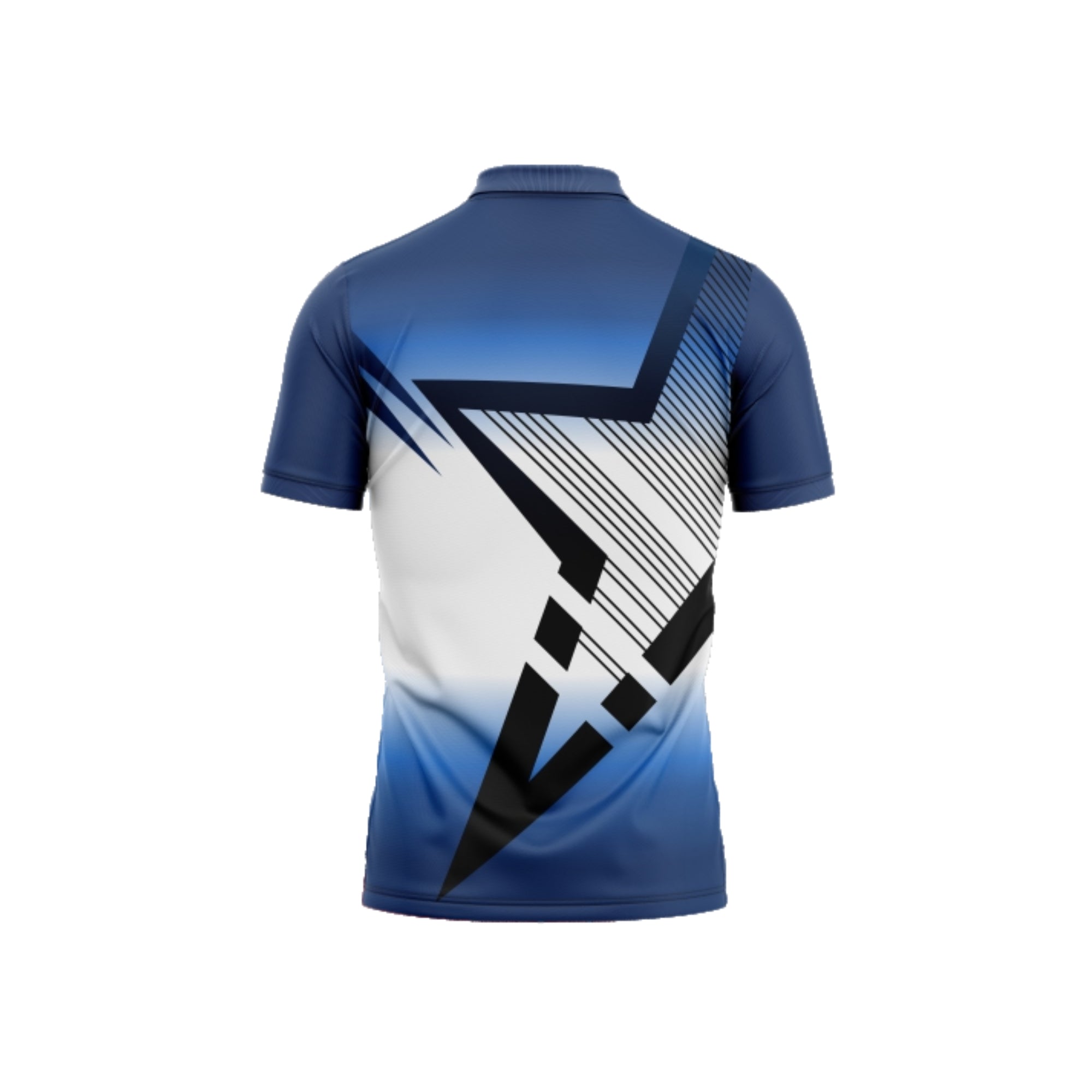 Blue and white sports jersey with geometric design on a white background