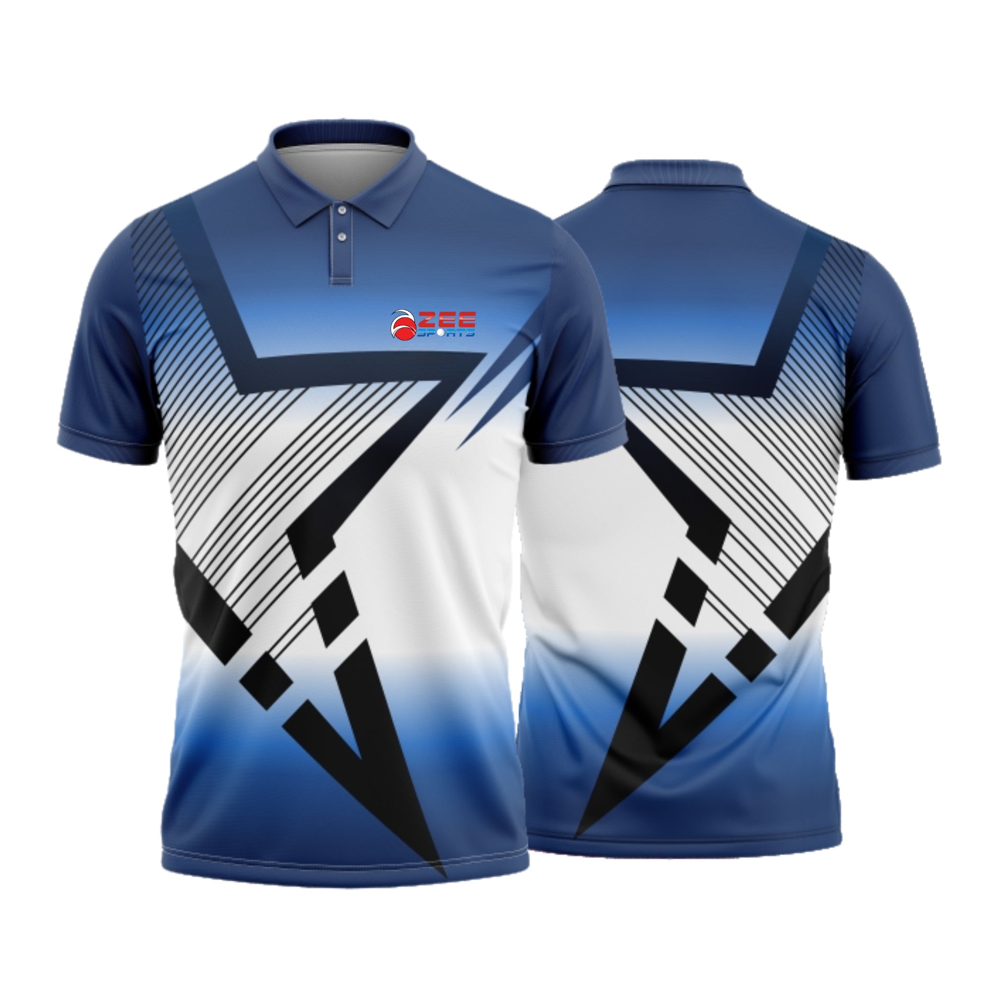 Blue and white sports jersey with geometric design and logo on a white background