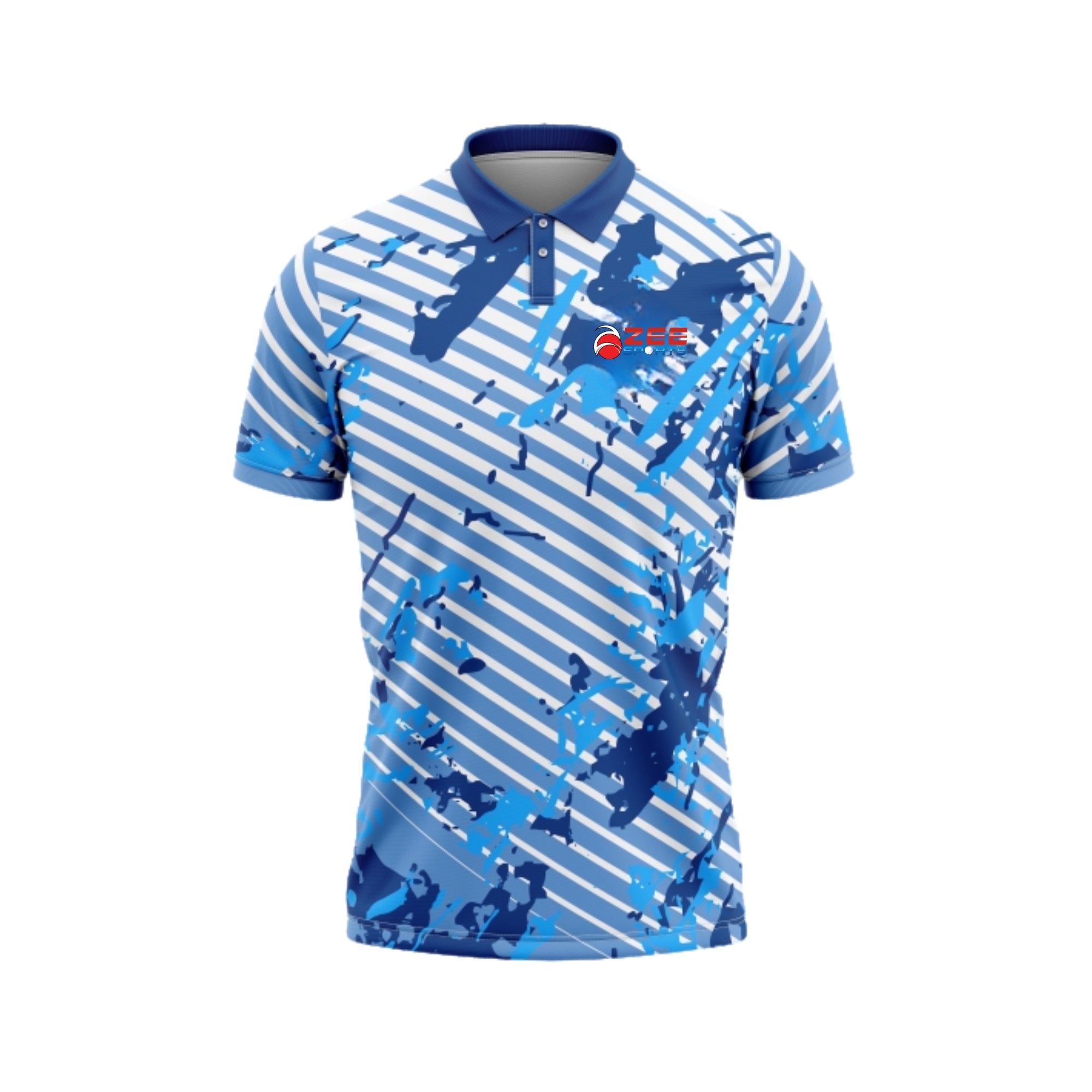 Blue and white patterned polo shirt on a white background