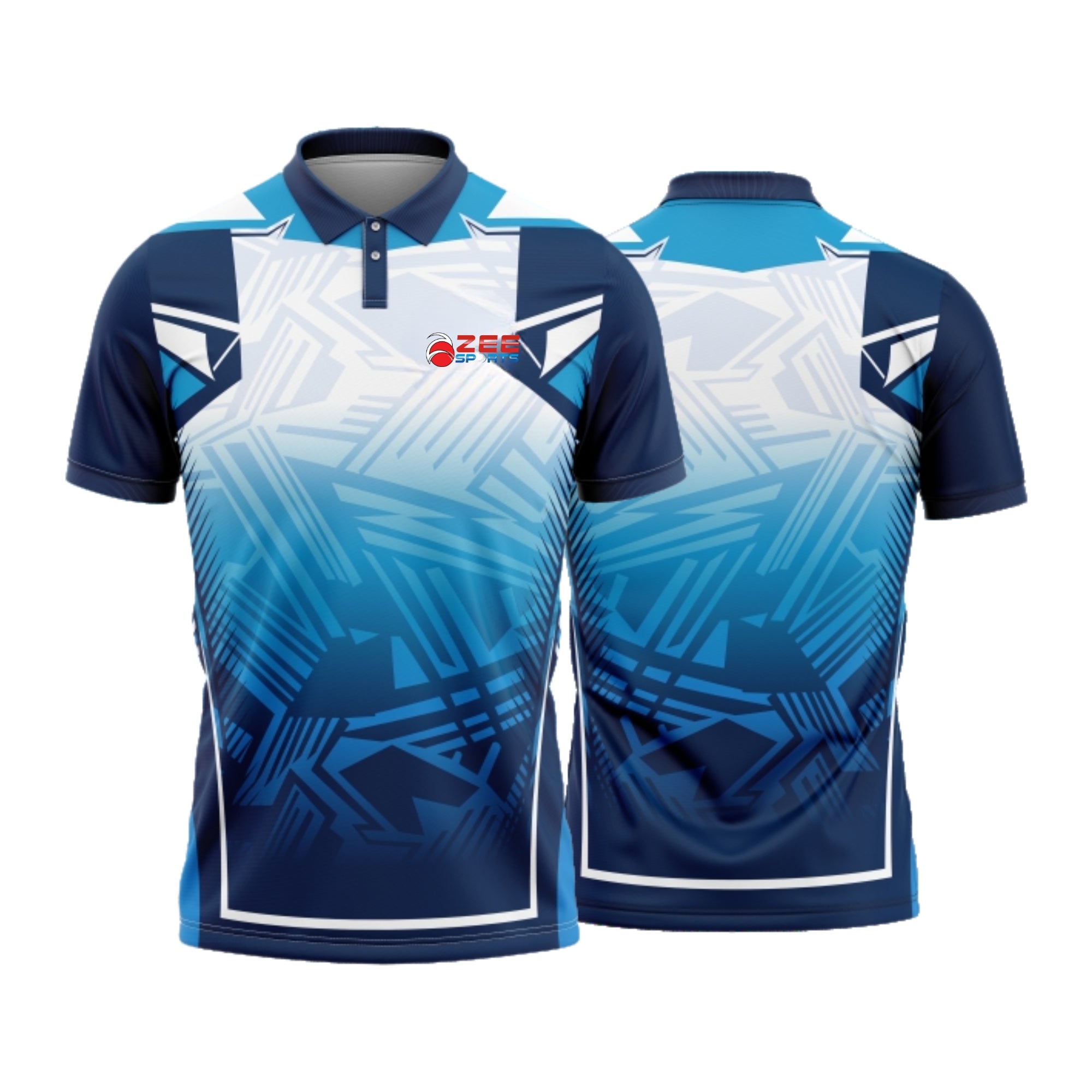 Blue and white sports jersey with geometric pattern on a white background