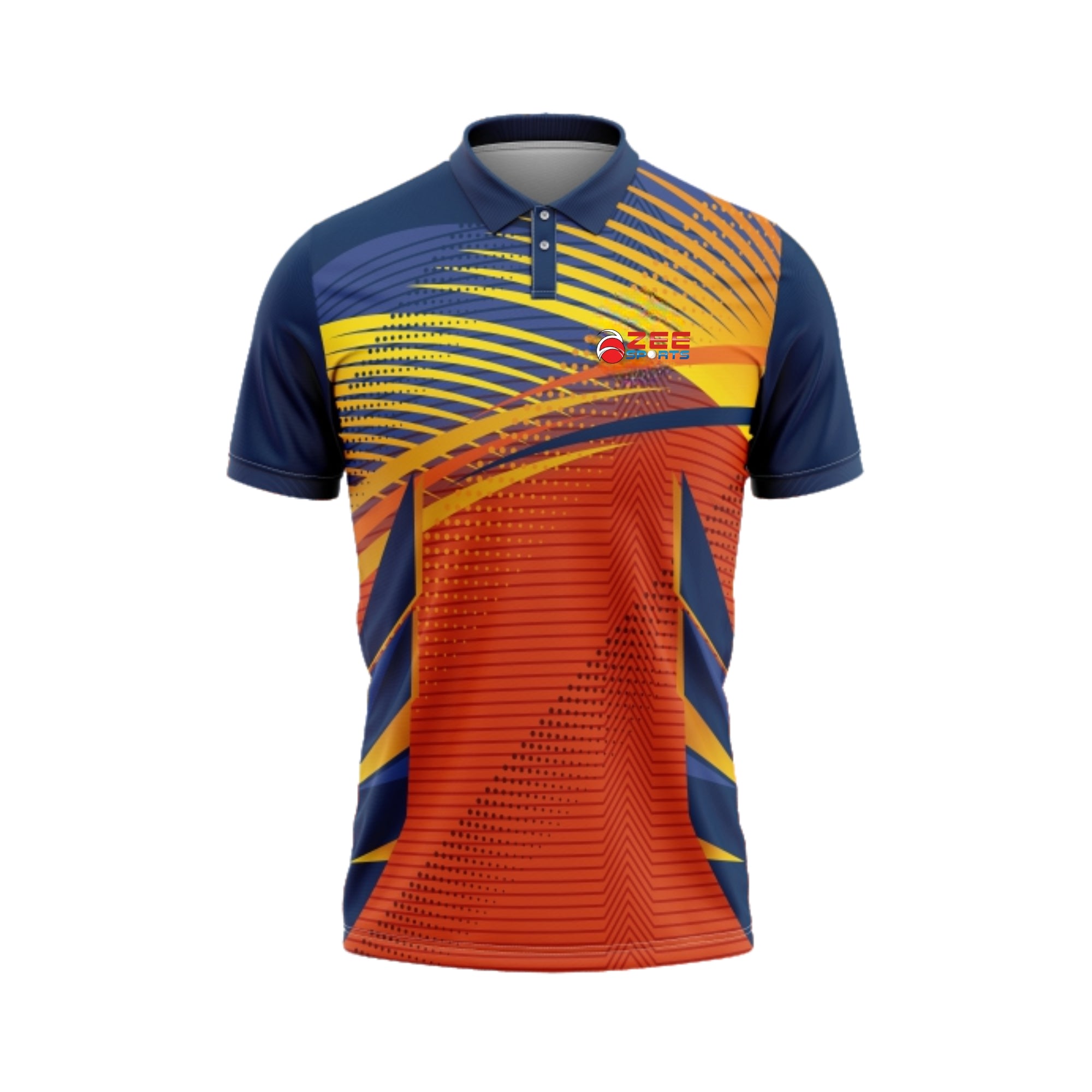 Colorful sports jersey with geometric pattern on a white background