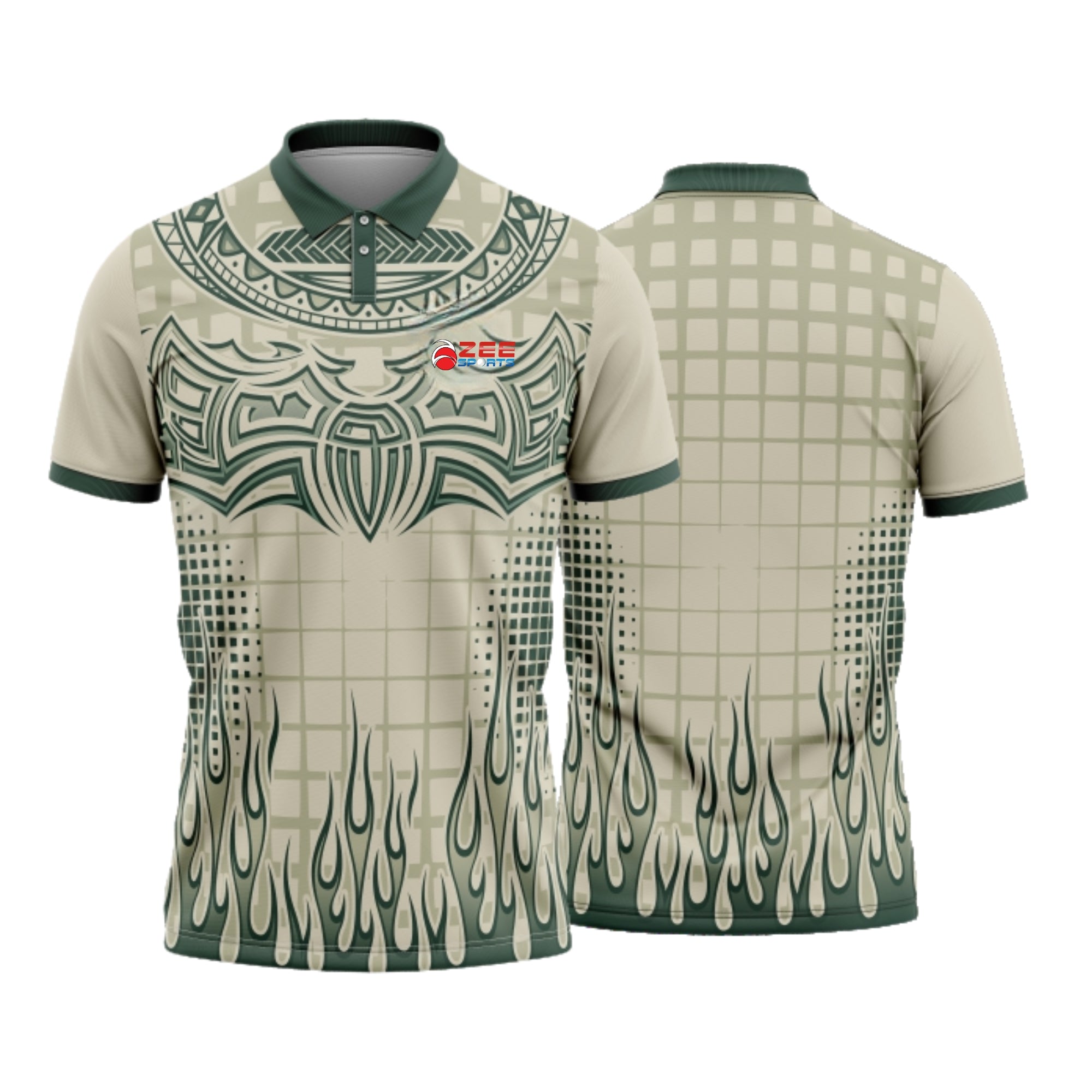 Beige and green sports jersey with tribal patterns on a white background