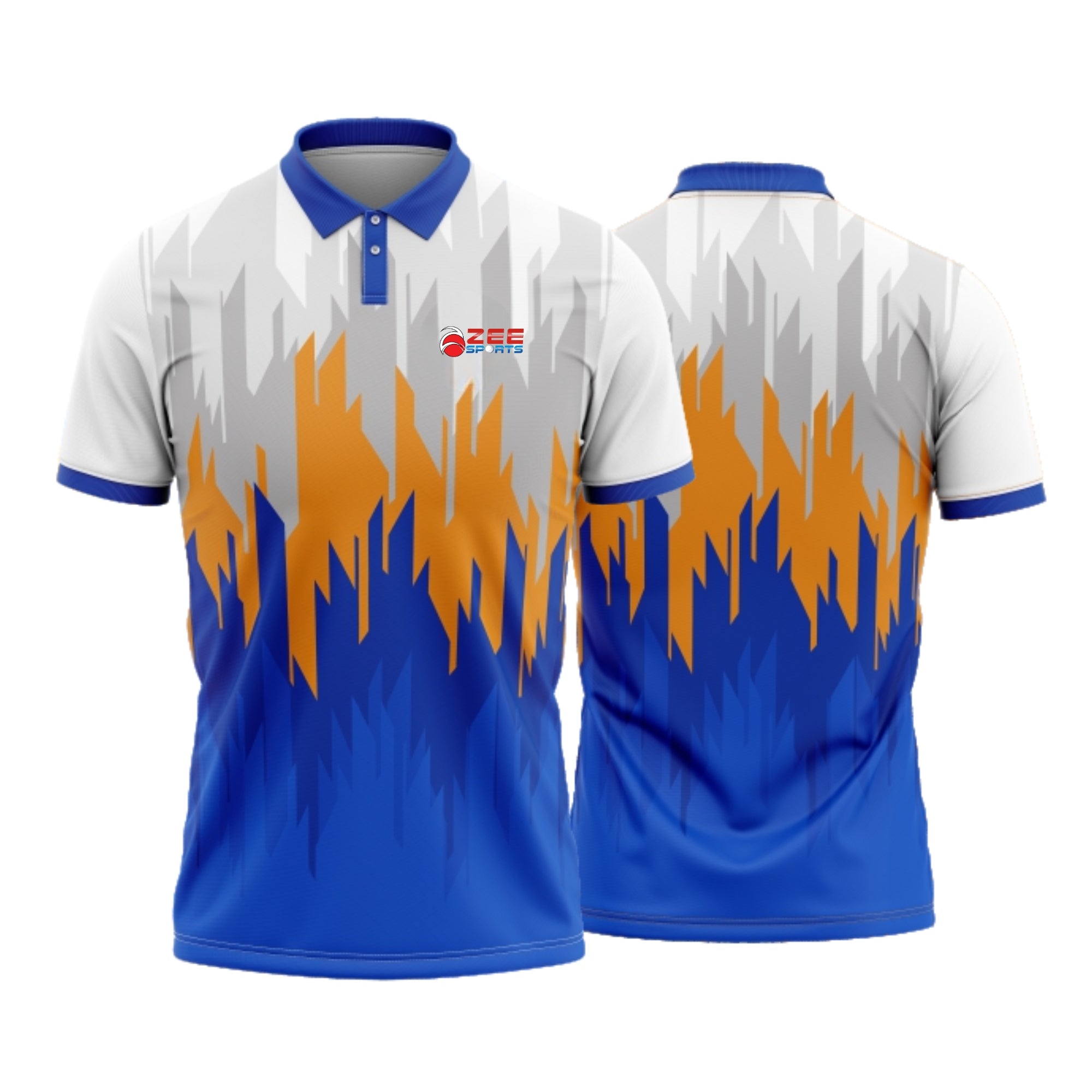 White polo shirt with blue and orange flame design on a white background