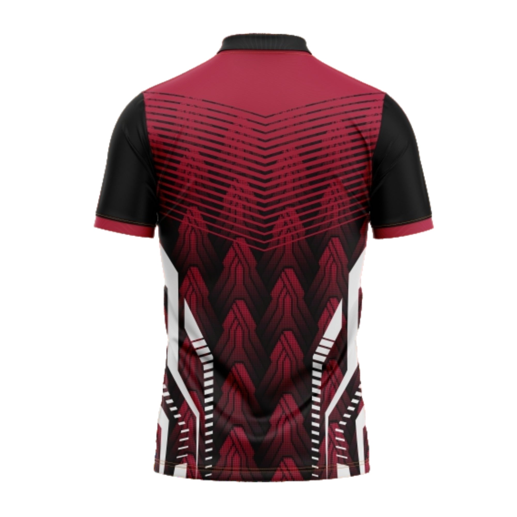 Black and red sports jersey with geometric pattern on a white background