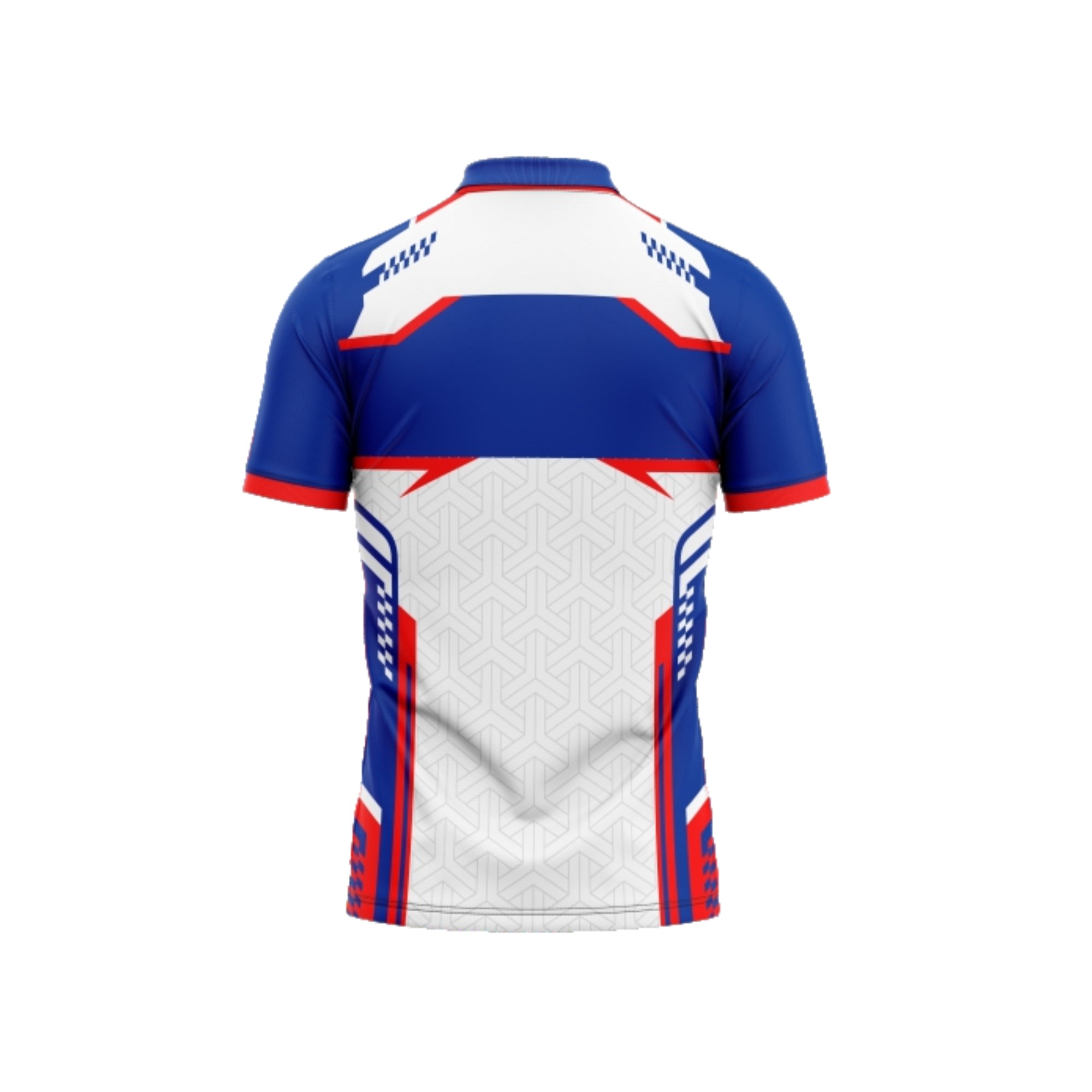 Cycling jersey with blue and red accents on a white background