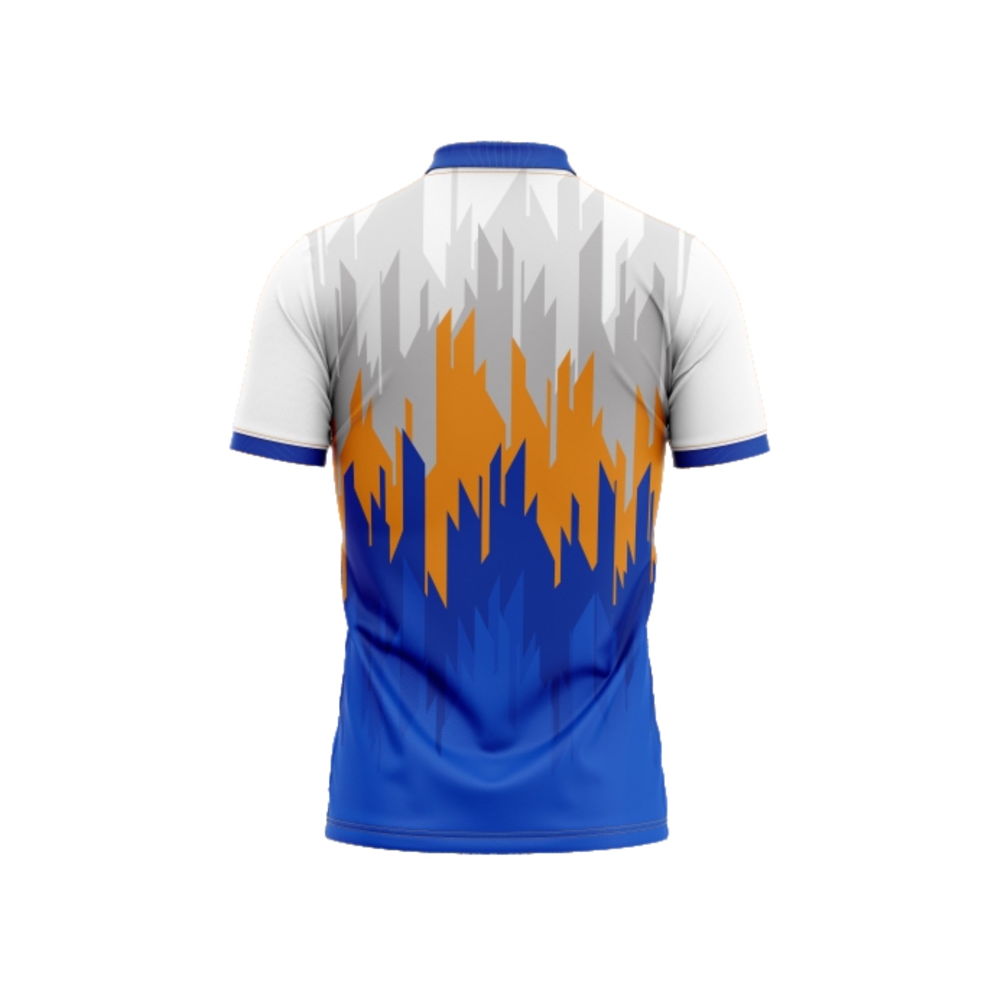 Colorful sports jersey with blue, orange, and white design on a white background