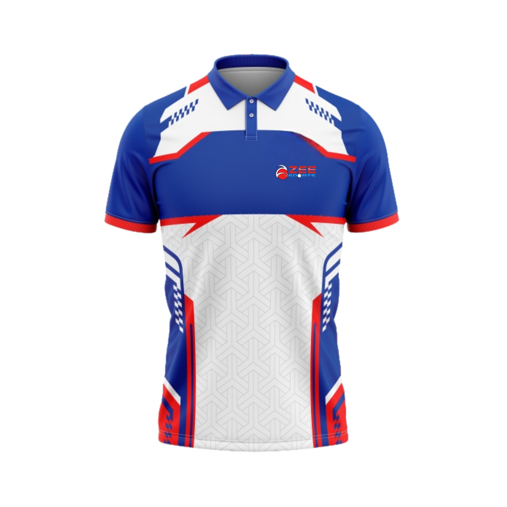 Blue and white sports jersey with red accents on a white background