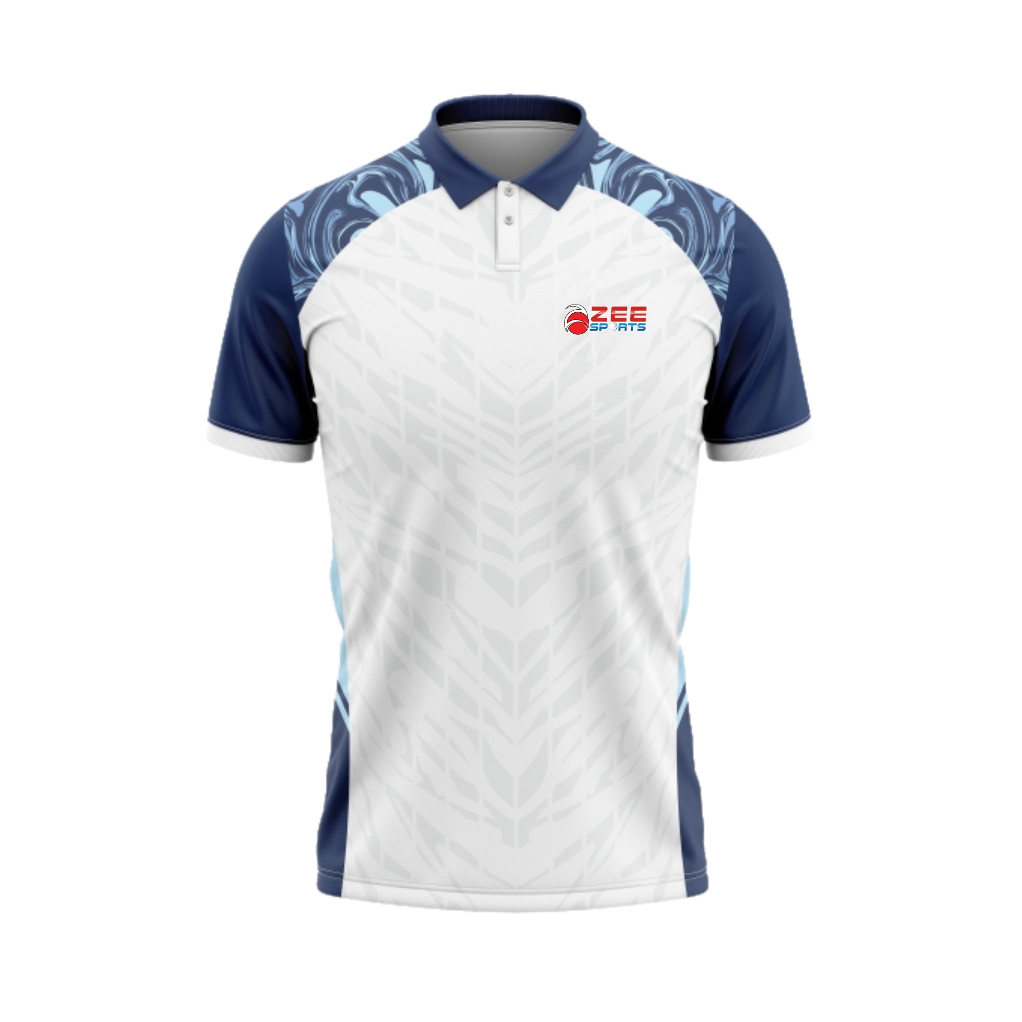White zeesports shirt with blue sleeves and collar, featuring a logo on the chest.