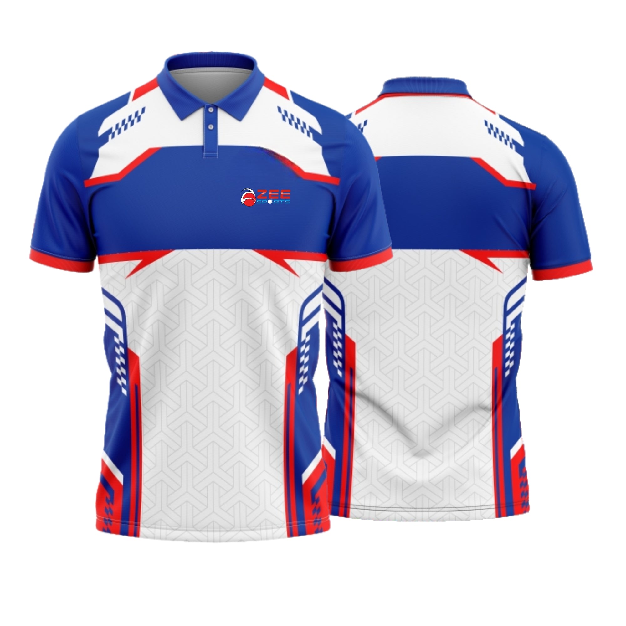 Blue, white, and red sports jersey with a brand logo on a white background