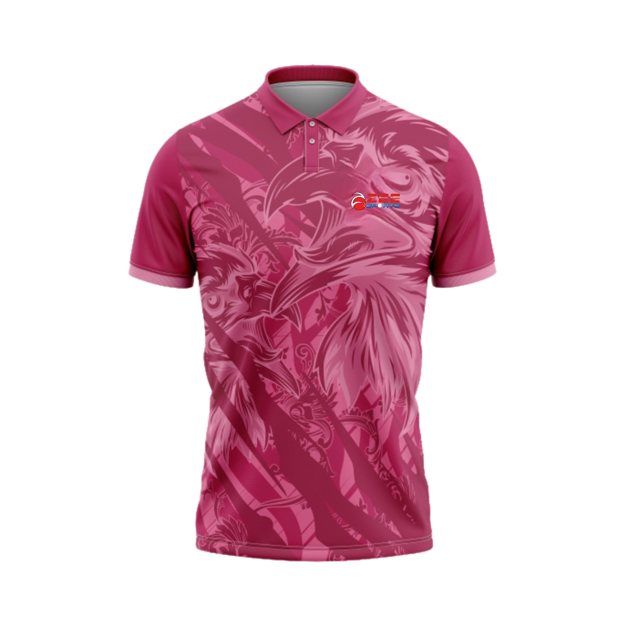 Pink polo shirt with a pattern on a white background