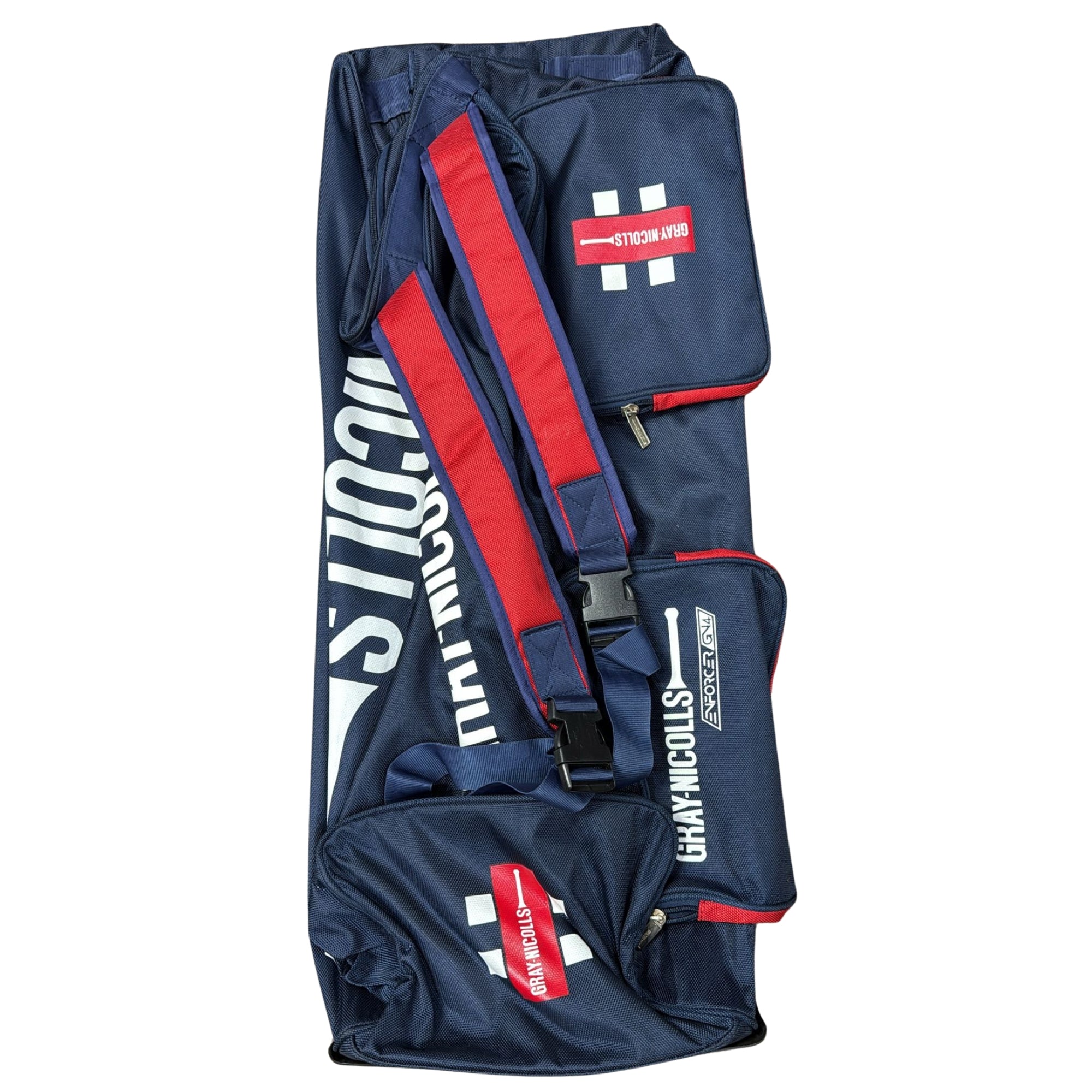 blue sports bag with red and white accents on a white background